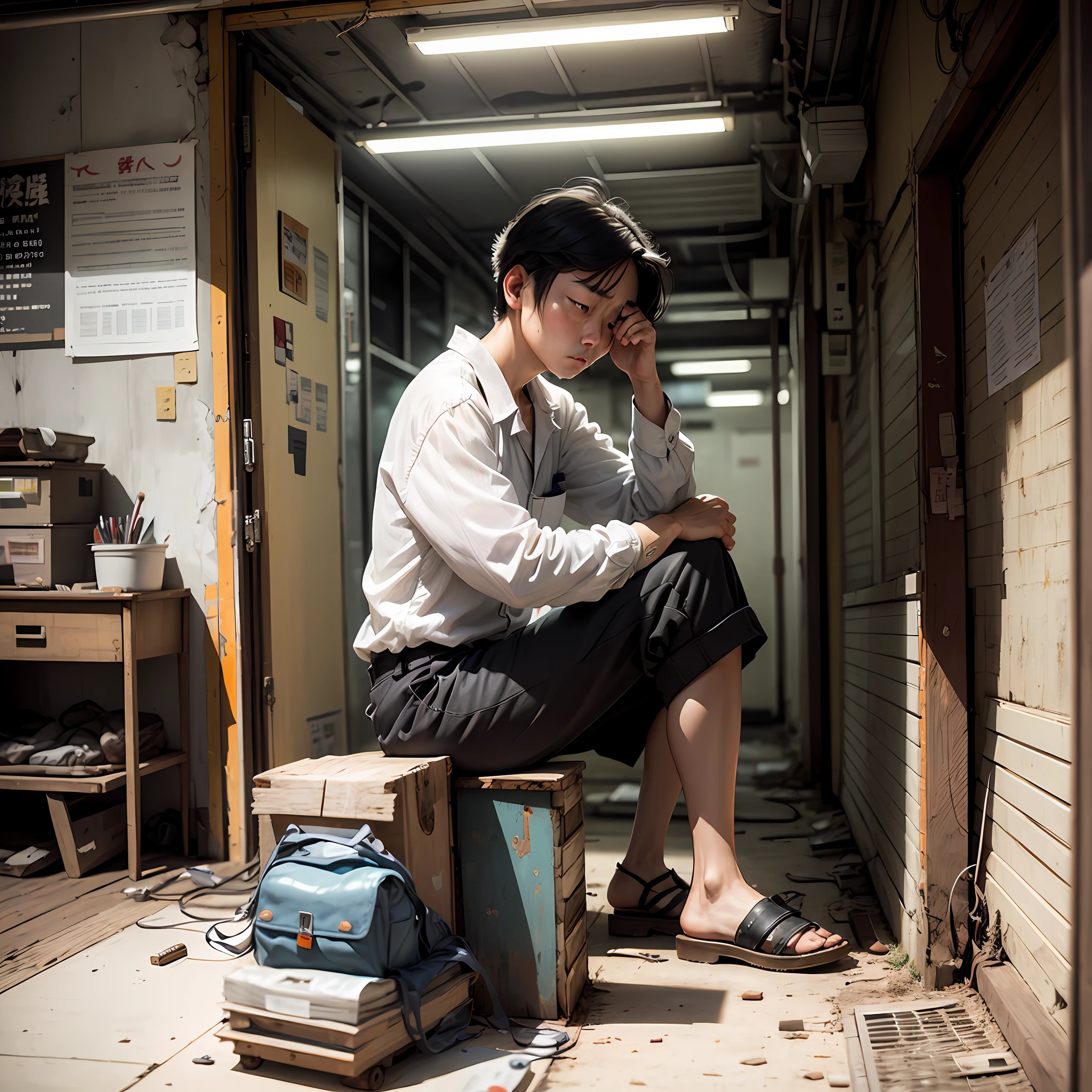 despondent and pensive japanese worker inside an old car repair shop --auto