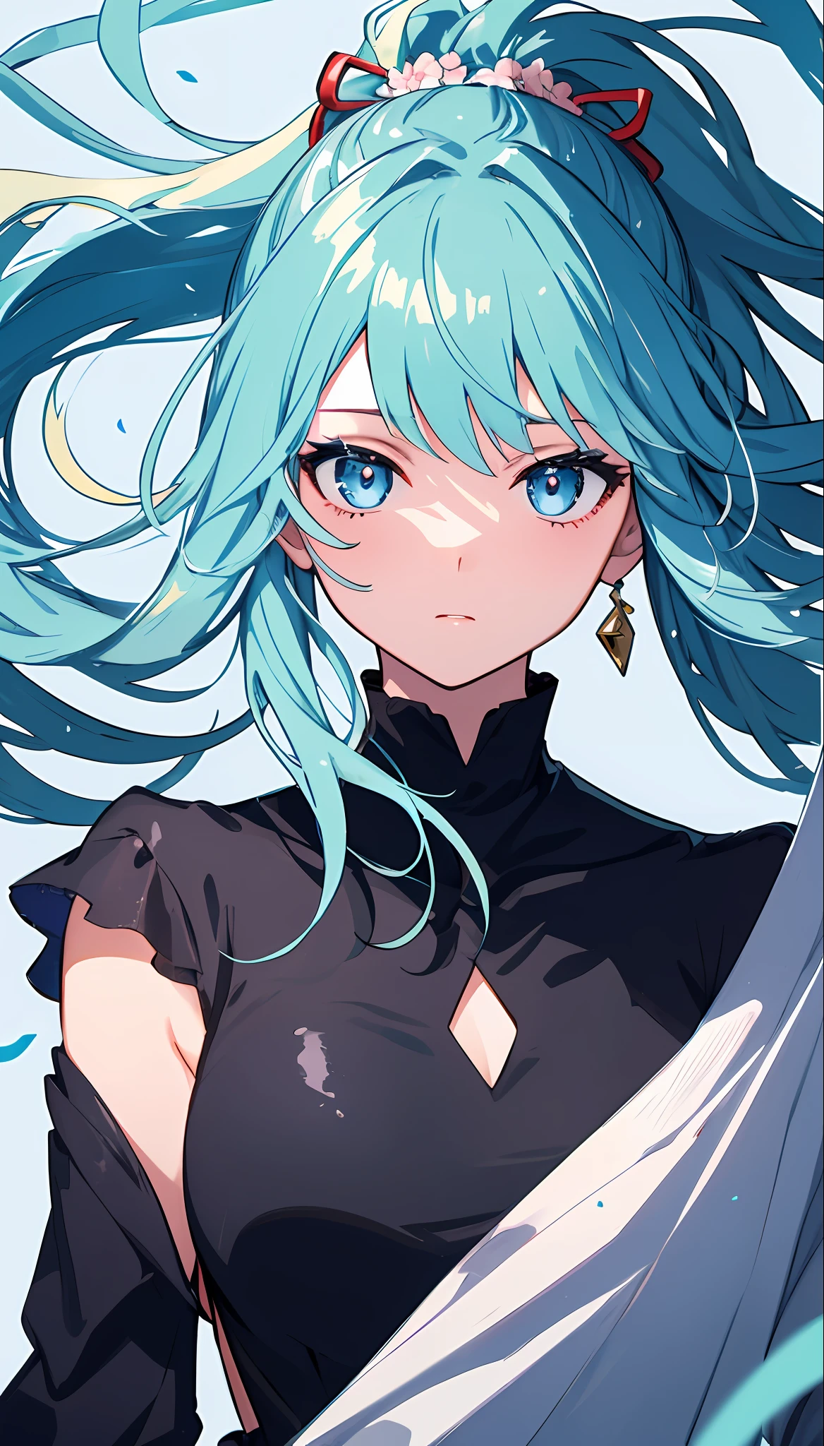 (masterpiece), (best quality), (ultra detailed),(disheveled hair),(illustration), (1girl), (Fashionable clothing), standing, Fashion model, looking at viewer, (interview), (simple background),beautiful detailed eyes, delicate beautiful face, Floating,(high saturation),(colorful splashes),colorful bubble,(shining), focus on face, ponytail, kamisato ayaka, light blue hair, bangs, hair ring, floating flowers, floating hairs, (shining), best lighting, best shadow,