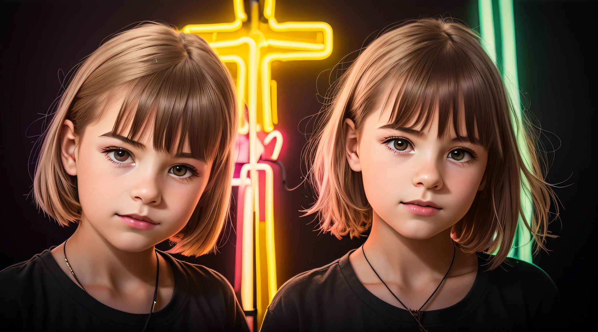 there are two young girls standing next to each other in front of a neon cross, neon cross, beautiful gemini twins portrait, 4k symmetrical portrait, 4k symmetrical portrait, symmetrical centered portrait, portrait symetrical, simetria!! retrato, Bela Sci - Fi-twins, portrait symetrical, color studio portrait, color photograph portrait 4k