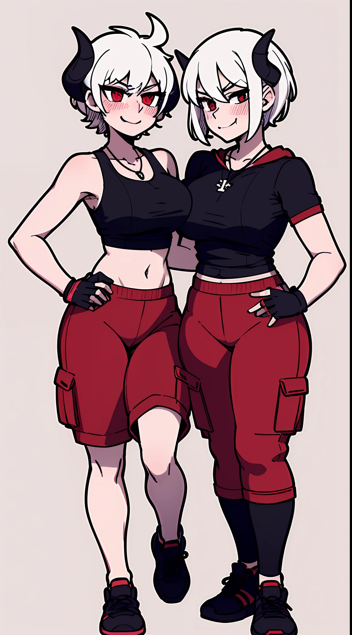 2 girls, close together, height difference, hand on another's head, short and tall, short sleeve hoodie, black fingerless gloves, breasts, arms at sides, wide hips, blush, blushing, thick thighs, night, cross necklace, heart eyes, full body shot, horns on head, demon tail, black white and red outfit, red black and white background colors, black cargo shorts, white hair, tomboy, tall, short hair, smirk, smug, sneakers, running shoes, rolled up pants, exposed calf's, exposed thighs, gym clothes, tank top,
