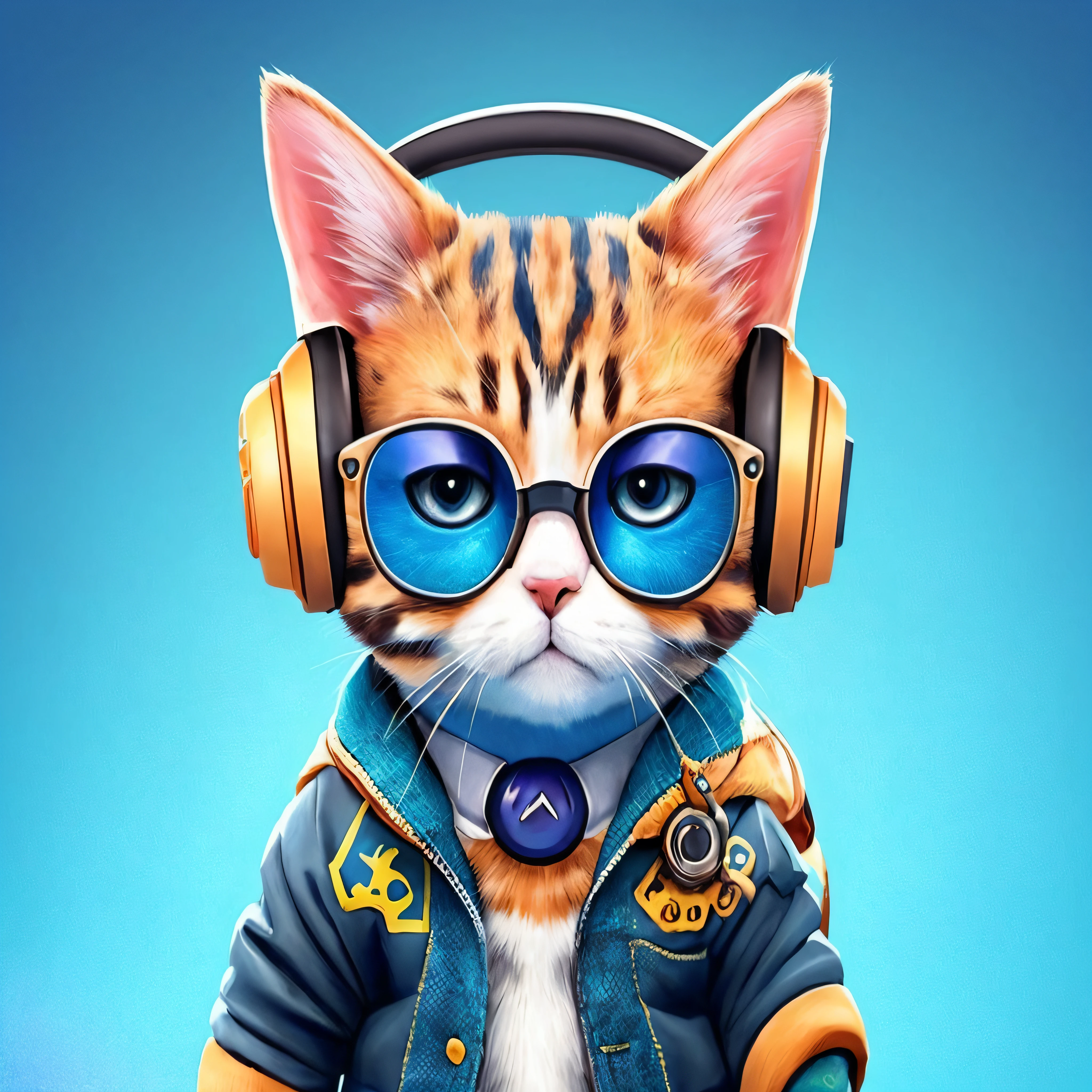 there is a cat wearing headphones and a jacket, gato cyberpunk, Cybercat, anthropomorphic cat, gato ciborgue, Beeple e Jeremias Ketner, artista peludo, Arte peluda, arte de fantasia peluda, design do gato, gatinho chefe mundial, awesome cat, retrato de alta qualidade, gato antro, imagem do avatar, gatinho ciborgue, arte digital detalhada bonito