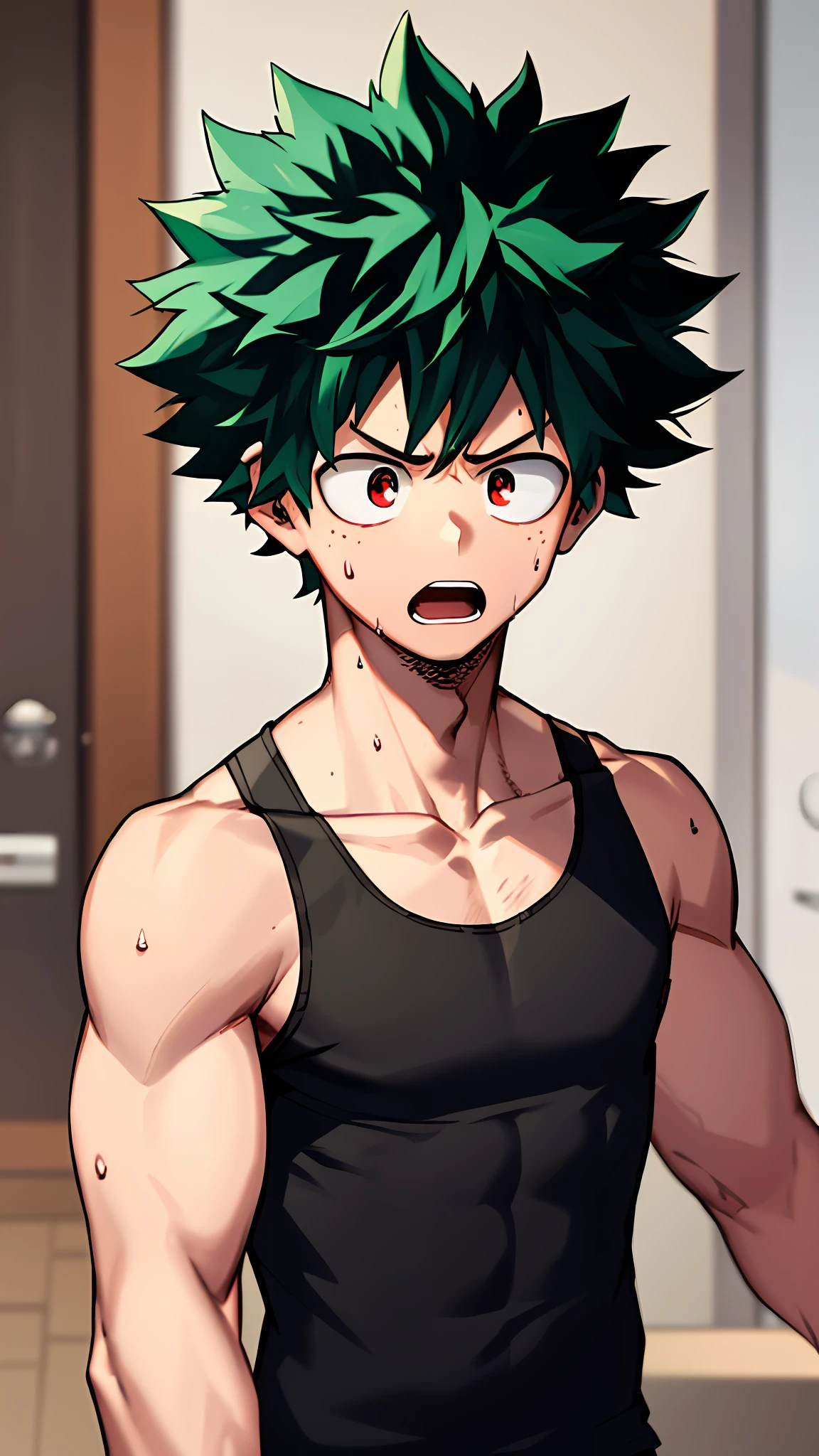 horikoshi kouhei, 1boy, absurdres, midoriya izuku, bare shoulders, black tank top, green hair, green eyes, eyebrows, freckles, furrowed brow, blurry, blurry background, boku no hero academia, curly hair, highres, looking away, male focus, muscular, muscular male, open mouth, red eyes, short hair, spiked hair, sweat, tank top, twitter username, wiping sweat,