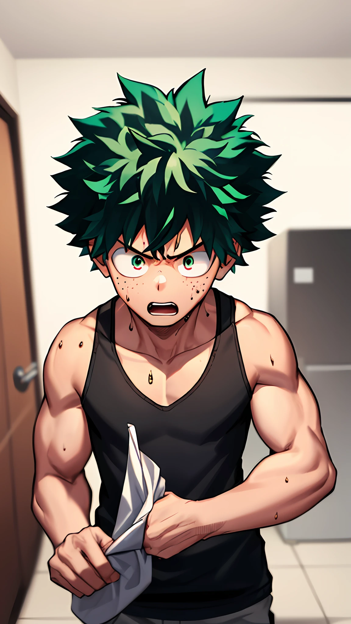 horikoshi kouhei, 1boy, absurdres, midoriya izuku, bare shoulders, black tank top, green hair, green eyes, eyebrows, freckles, furrowed brow, blurry, blurry background, boku no hero academia, curly hair, highres, looking away, male focus, muscular, muscular male, open mouth, red eyes, short hair, spiked hair, sweat, tank top, twitter username, wiping sweat,