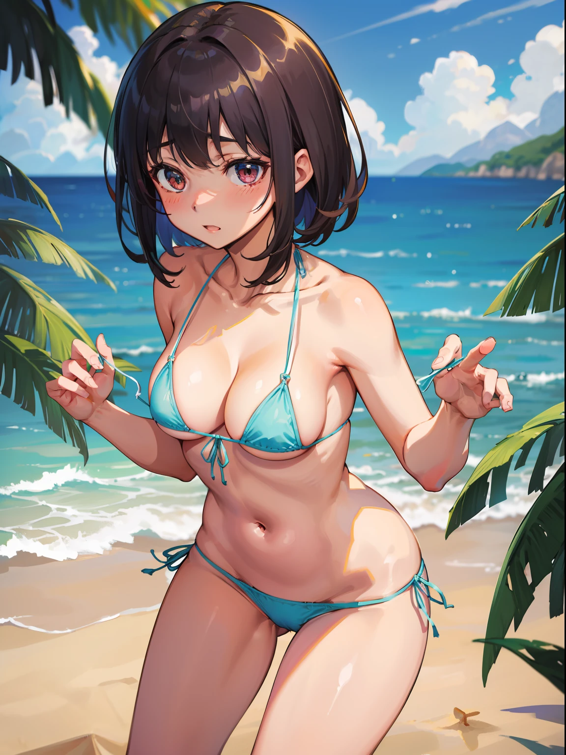 Naked micro bikini、Small、bottom less、Hide your crotch with your hands、cute little、blushed、cleavage of the breast、thighs thighs thighs thighs、no brassiere、witheout panties、high-level image quality、Vivid、high detailing、sand beach