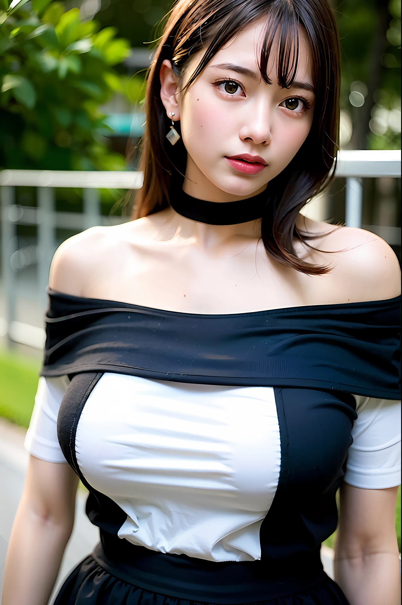 best quality, ultra high res, (photorealistic:1.4), 1girl, off-shoulder white shirt, black tight skirt, black choker, (faded ash gray hair:1), (huge breasts:1.2), looking at viewer, closeup ,