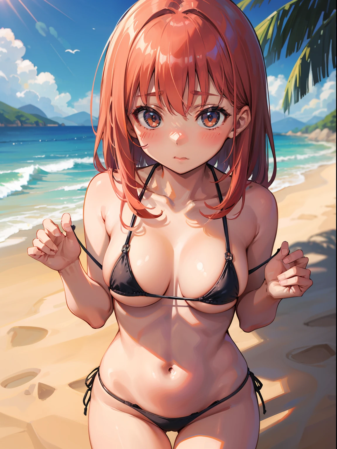 Naked micro bikini、Small、bottom less、Hide your crotch with your hands、cute little、blushed、cleavage of the breast、thighs thighs thighs thighs、no brassiere、witheout panties、high-level image quality、Vivid、high detailing、sand beach