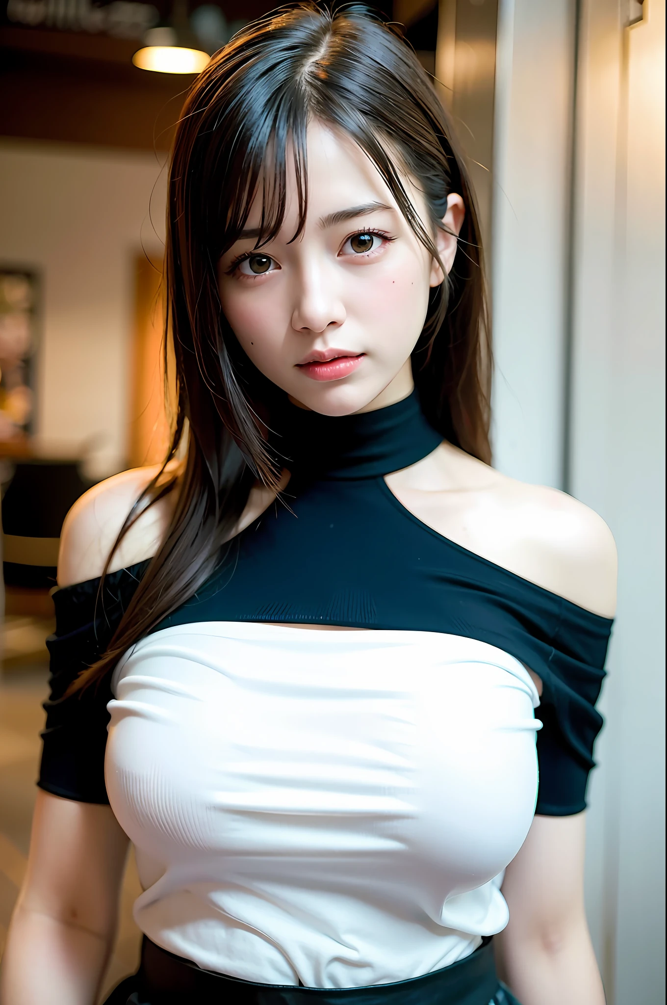 best quality, ultra high res, (photorealistic:1.4), 1girl, off-shoulder white shirt, black tight skirt, black choker, (faded ash gray hair:1), (huge breasts:1.2), looking at viewer, closeup ,