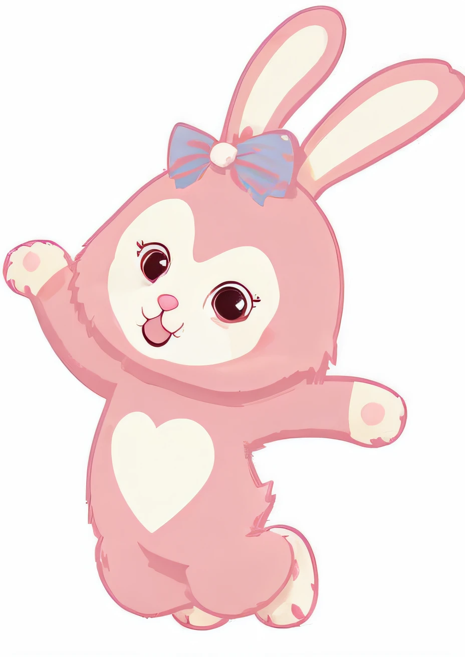 Cute anthropomorphic pink bunny wearing bow，Wearing a pink bunny costume，Rabbit ears stand up，Wide, watery eyes，Rabbit tail flicking，Character，Petals fall around，Create a fairytale setting。