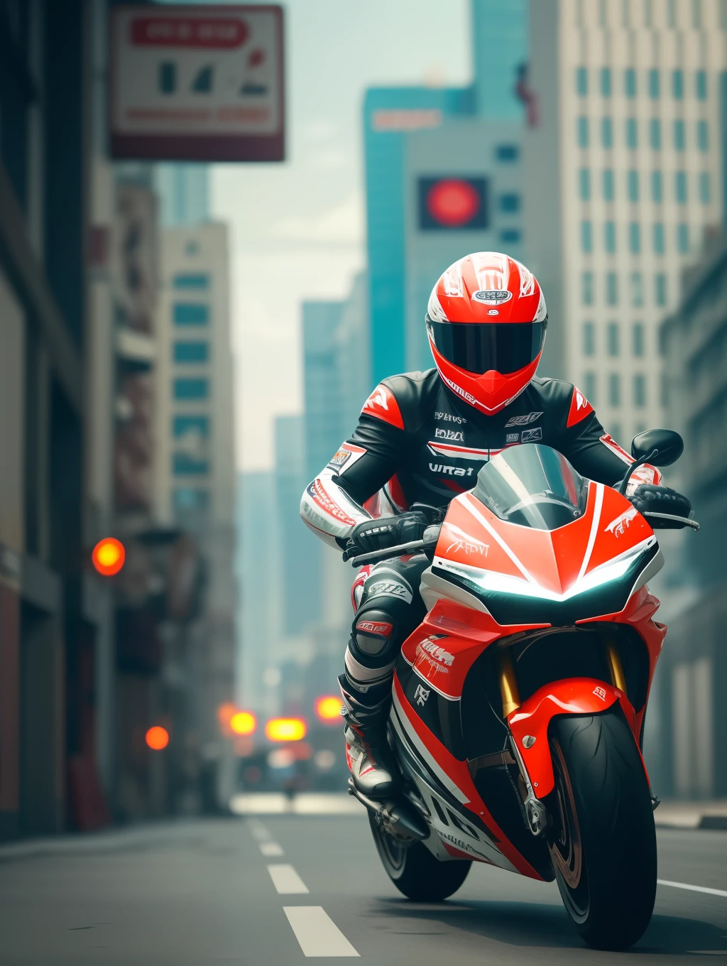 A boy riding superbike, ultra realistic, cyberpunk, city in background