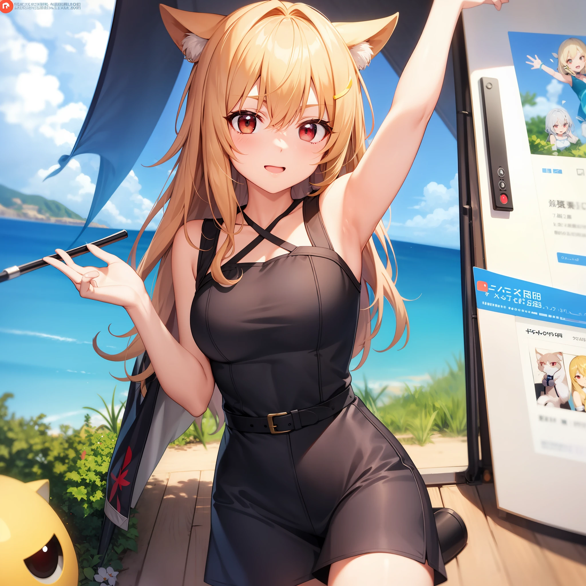 animated cartoon、Blonde and red-eyed girl、sleeveless、