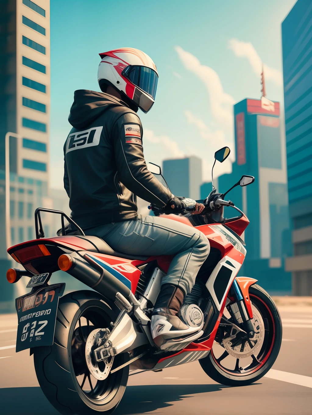 A boy riding superbike, ultra realistic, cyberpunk, city in background