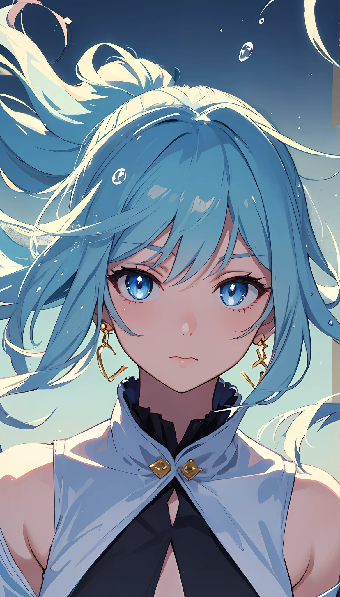 (masterpiece), (best quality), (ultra detailed),(disheveled hair),(illustration), (1girl), (Fashionable clothing), standing, Fashion model, looking at viewer, (interview), (simple background),beautiful detailed eyes, delicate beautiful face, Floating,(high saturation),(colorful splashes),colorful bubble,(shining), focus on face, ponytail, kamisato ayaka, light blue hair, bangs, hair ring, floating flowers, floating hairs, (shining), best lighting, best shadow,