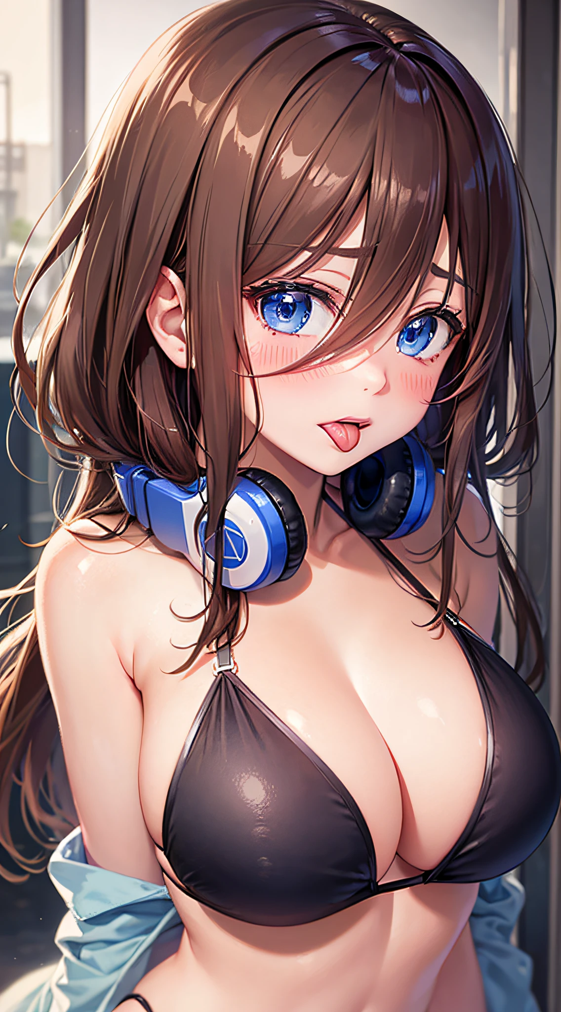 Masterpiece, Best Quality, miku, (Brown hair), Shy, Blushing, blue eyes, (immense blush), (tongue-out), (Long tongue), (tight bikini), (normal breasts)