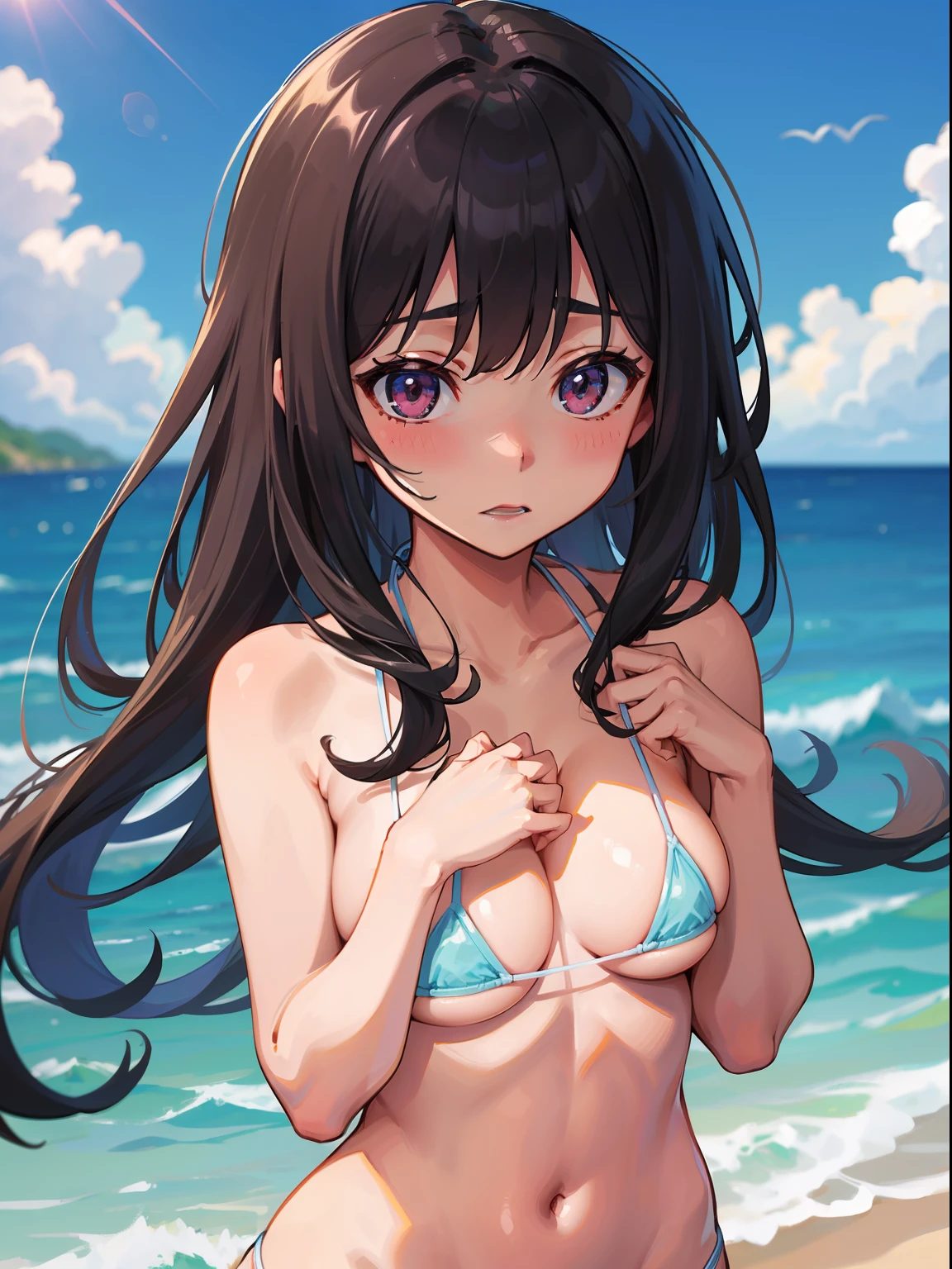 Naked micro bikini、Small breasts、Bikini swept away、hiding chest with hands、cute little、blushed、cleavage of the breast、thighs thighs thighs thighs、No bra、witheout panties、high-level image quality、Vivid、high detailing、the ocean