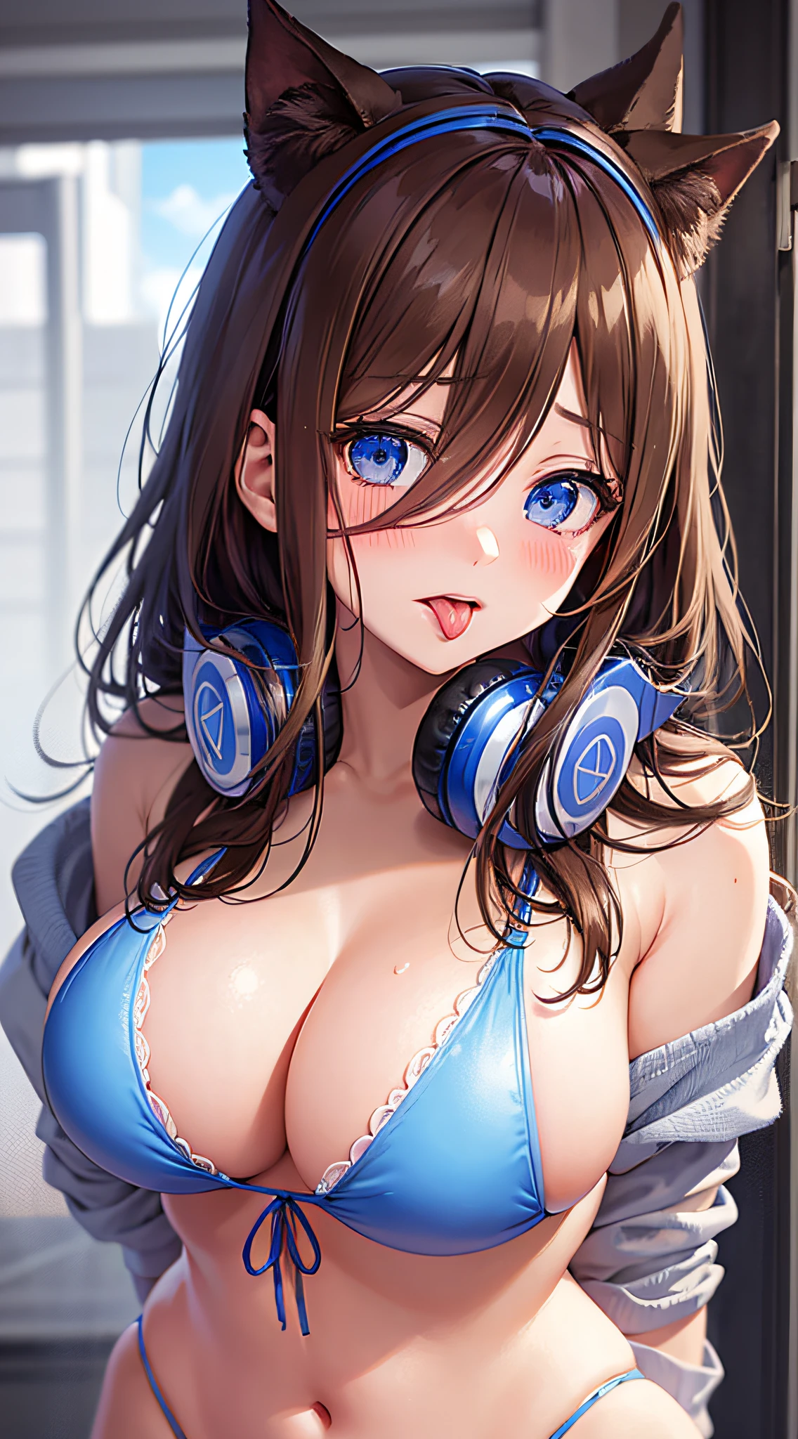 Masterpiece, Best Quality, Miku, (Brown hair), Shy, Blushing, blue eyes, (immense blush), (tongue-out), (Long tongue), (tight bikini), (big breastes)