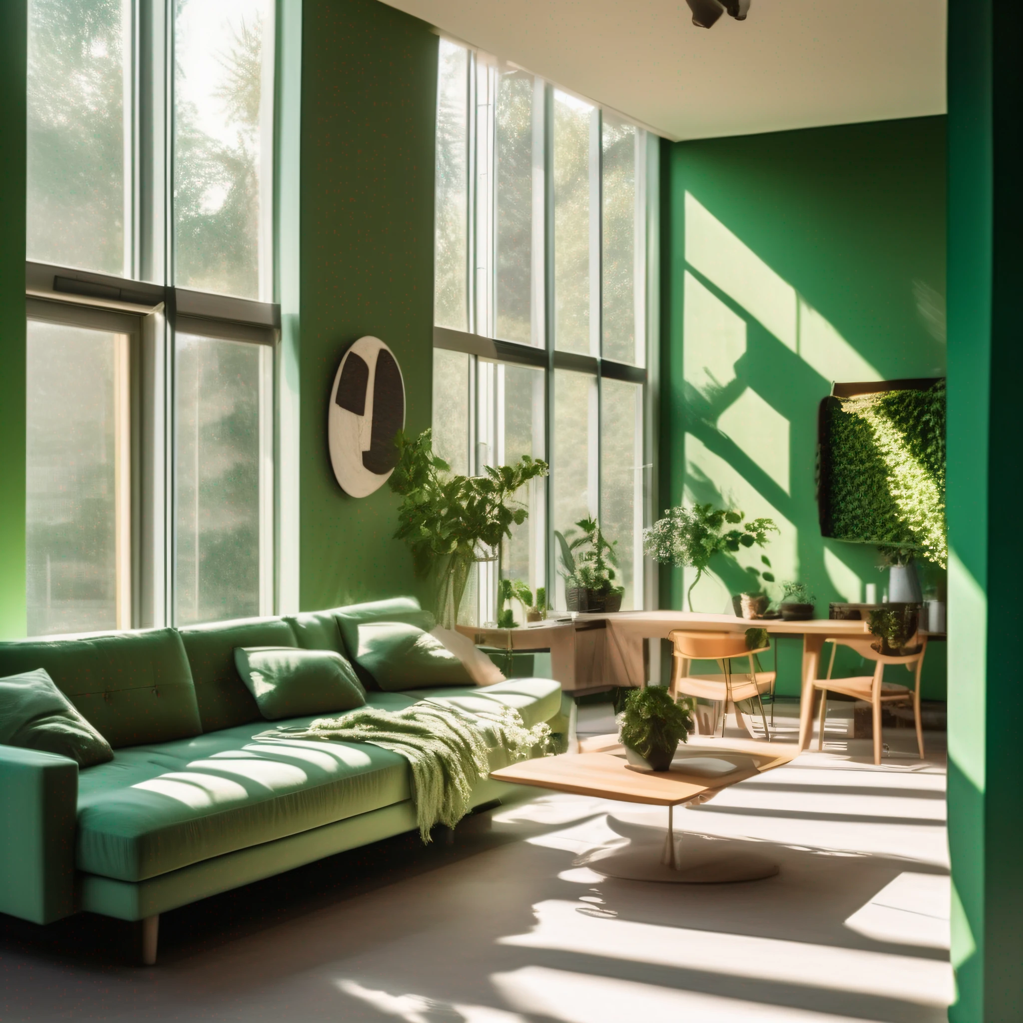 Architectural photography of a modern living room, the sun shines through the window, green color, soft shadows, no contrast, clean sharp focus, film photography