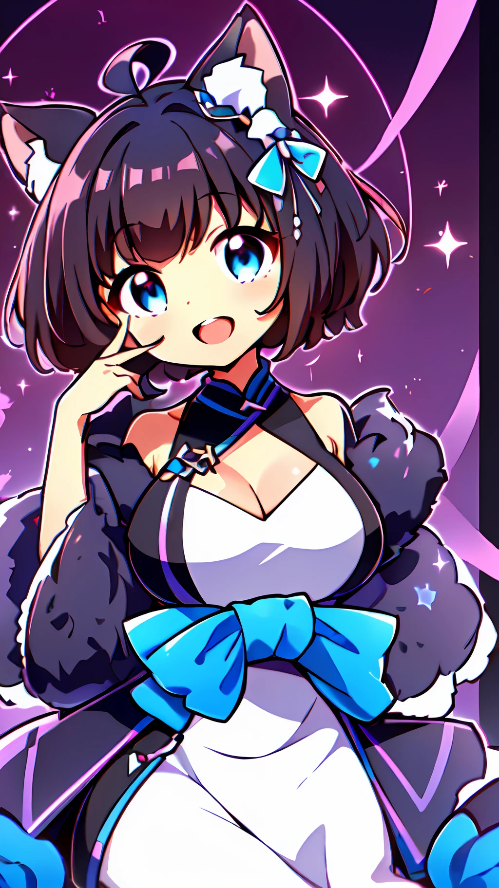 (Top image quality, 8K, a masterpiece of,((beste-Qualit))、((a masterpiece of))、((ultra-definition))、(illustratio)、(Fine light)、(Extremely delicate and beautiful)、(((独奏)))、1 girl in、(((beautiful a girl)))、opened mouth、Tremendous smile、(Black-haired), (Black cat ears), (Ahoge), (absurdly short hair), (Maeby Hair), (Blue eyes),Fashionable background、piece sign、mideum breasts、Chibi Chara、fullllbody、(Chibi:1.4),Idol costumes、Sitting、