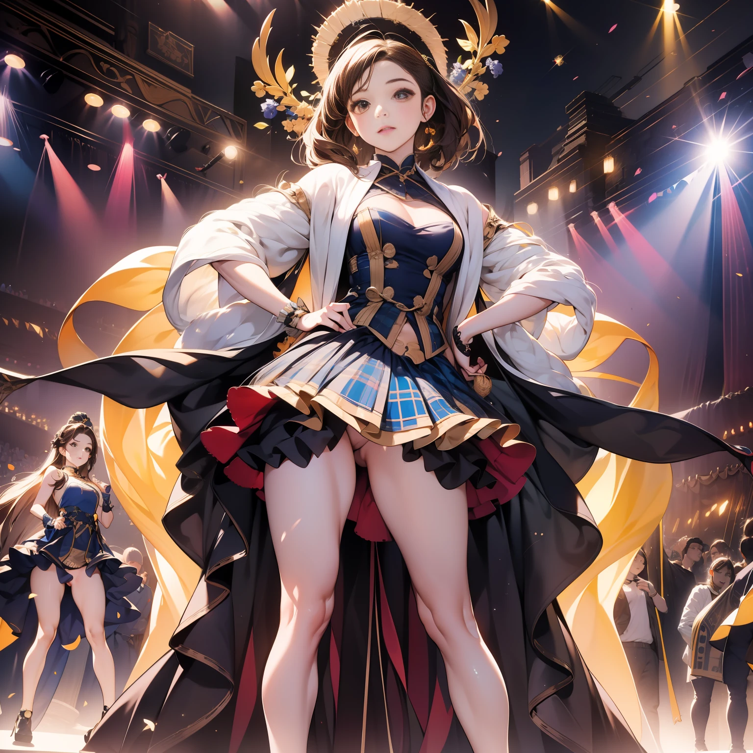 on stage wearing idol costume。Full body like、Looking Up、Brown hair、Twittail、Lift the bottom of the plaid skirt、I'm not wearing panties、(Dressing:0.0)、dark backgrounds、Colorful spotlights、a masterpiece of、High contrast、beste-Qualit、Top image quality