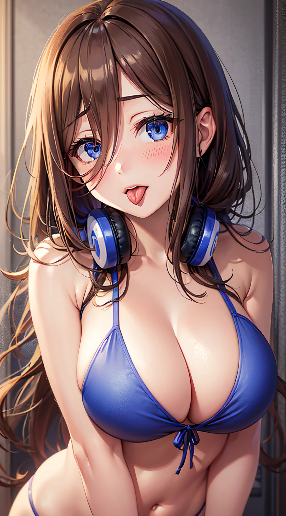 Masterpiece, Best Quality, Miku, (Brown hair), Shy, Blushing, blue eyes, (immense blush), (tongue-out), (Long tongue), (tight bikini), (big breastes)