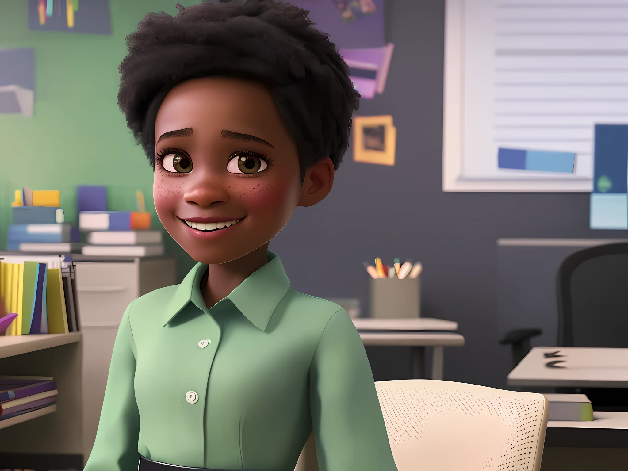 Pixarstyle a waist-high portrait of a young black 1girl in an office shirt, smile, office, natural skin texture, 4k textures, HDR, intricate, highly detailed, sharp focus, cinematic look, hyper-detailed