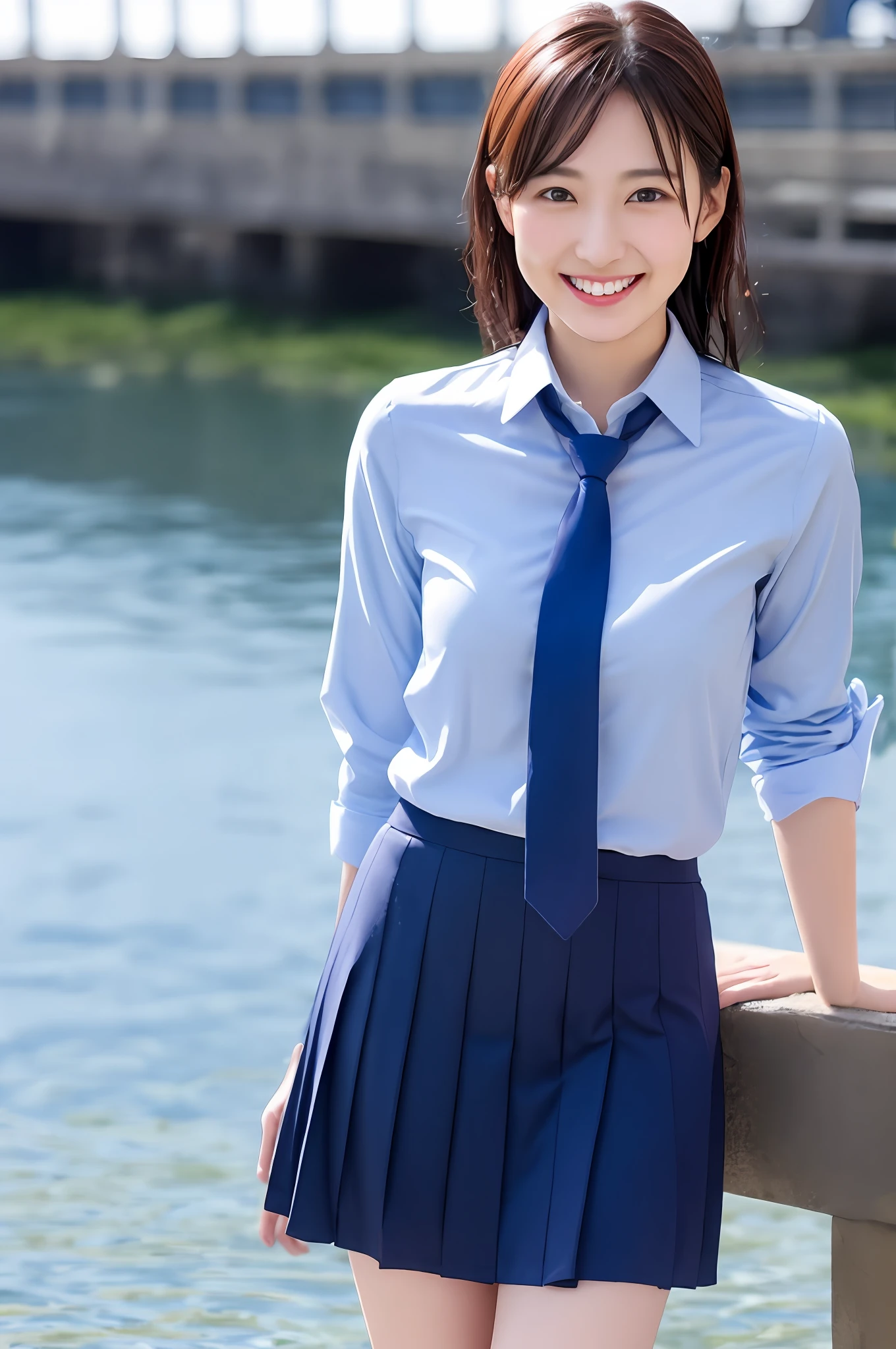 modest breasts, navy blue tie, navy blue skirt, light blue shirt, gravure idol, waterside, wet, smile