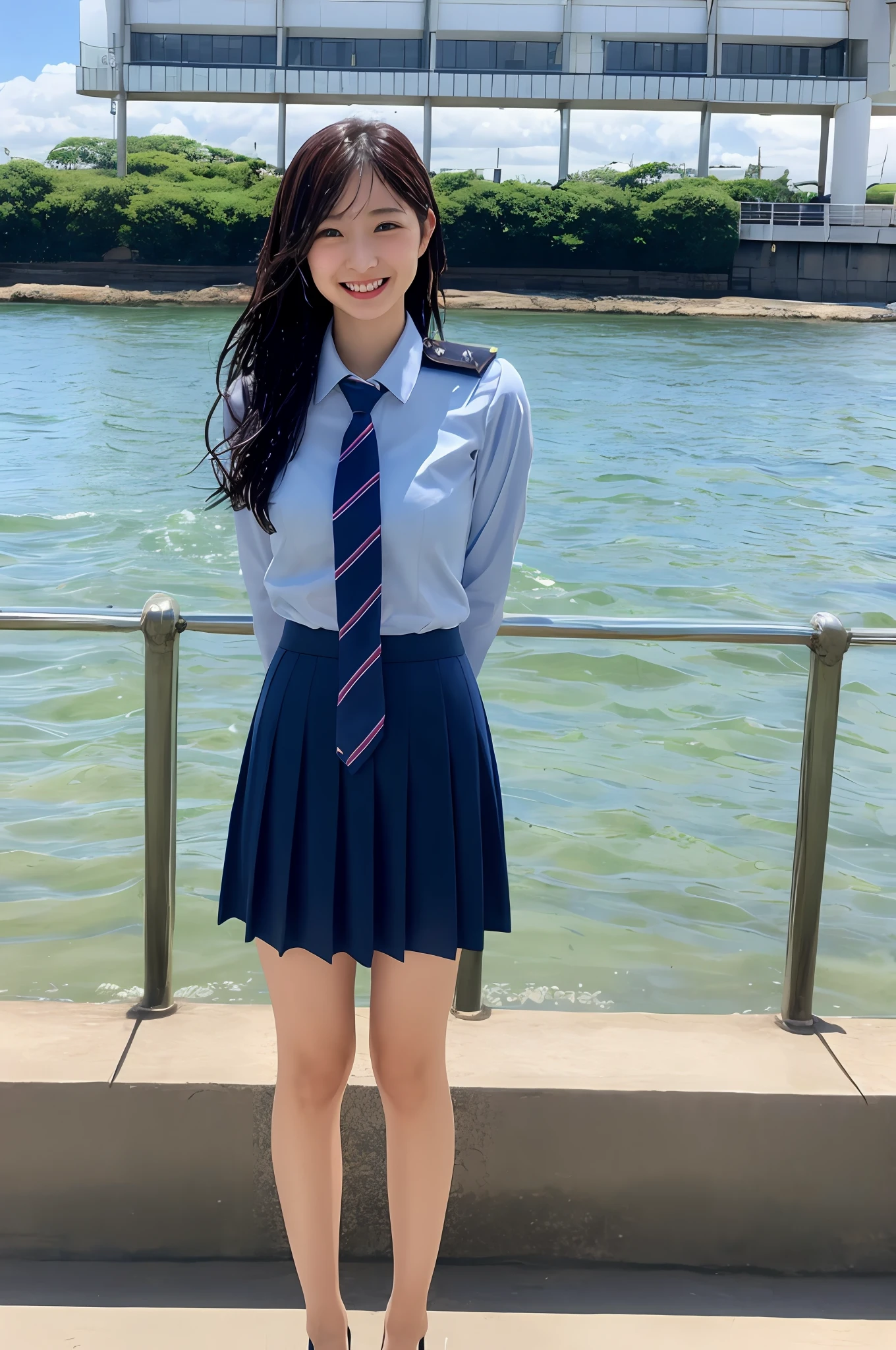 modest breasts, navy blue tie, navy blue skirt, light blue shirt, gravure idol, waterside, wet, smile