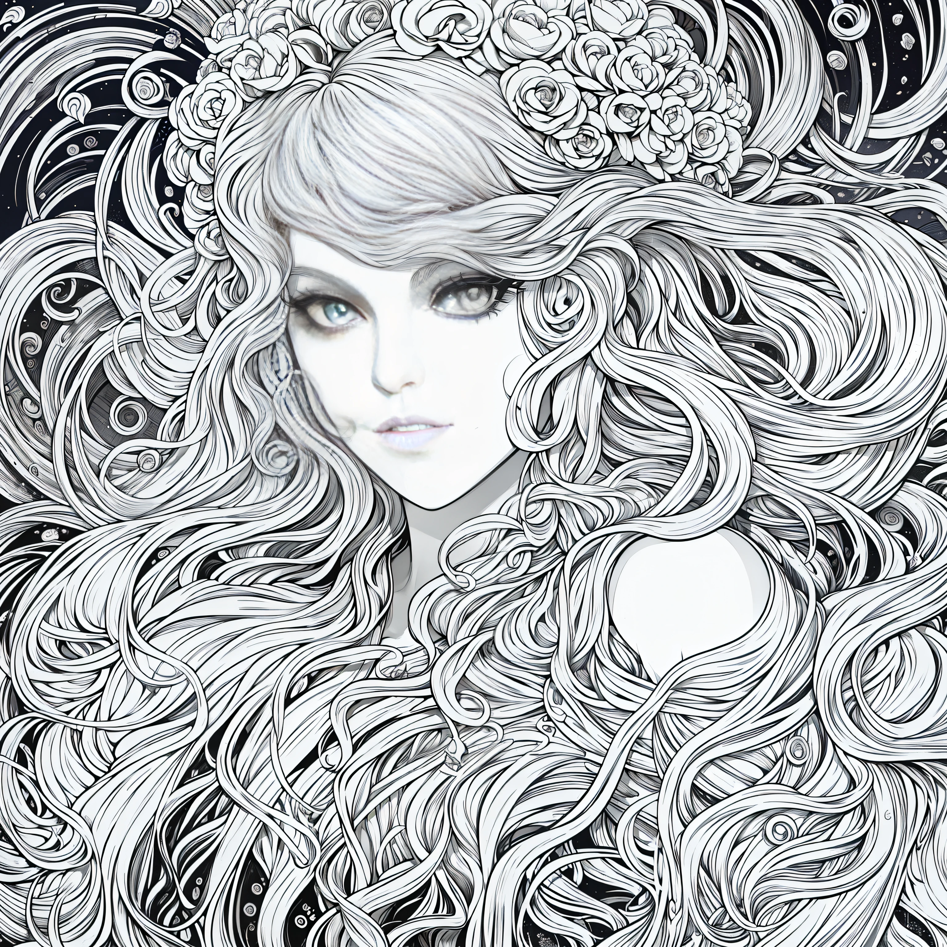 (prompt: obra maestra, mejor calidad, detalle ultra-detallado, papel tapiz CG unity de 8k extremadamente detallado, Illustration of great beauty, Dynamic Angle, primer plano, mujer, arte lineal, monocromo, bosque)