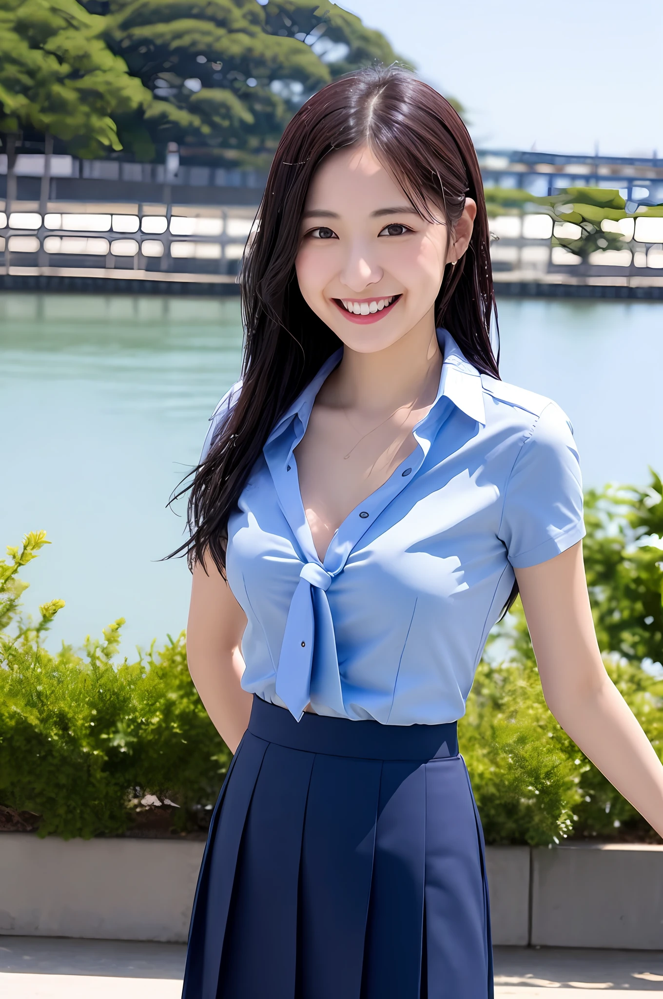 modest breasts, navy blue tie, navy blue skirt, light blue shirt, gravure idol, waterside, wet, smile