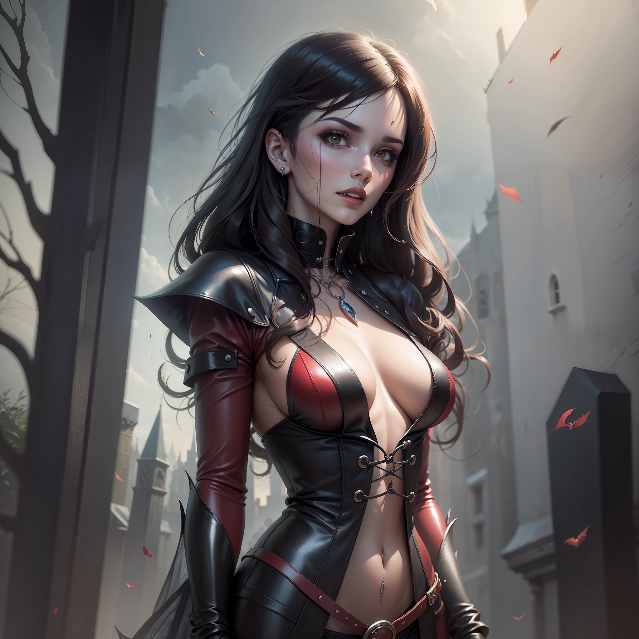 Vampirella em frente a um castelo, Surrealism, UHD, 16k, retina, textured skin, super detail, high quality