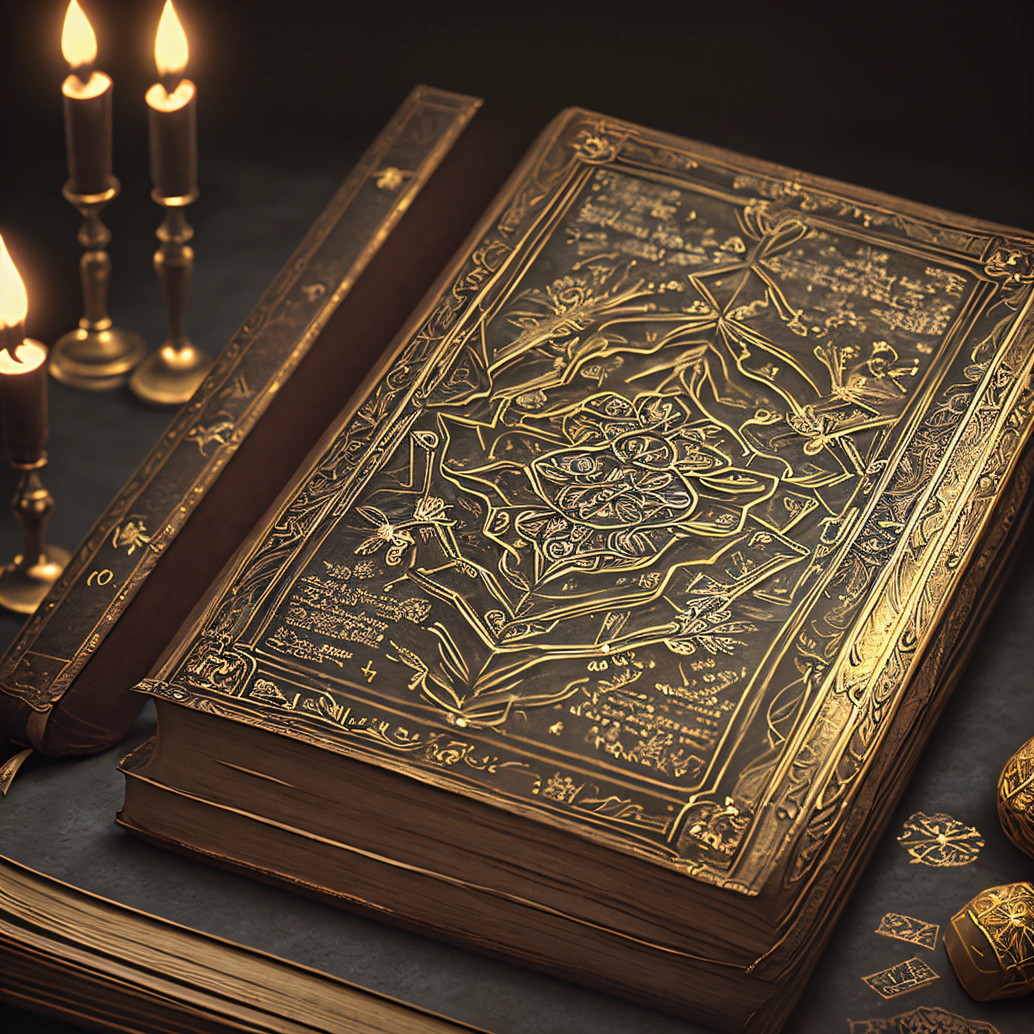 An ancient book with intricate engravings, containing forgotten spells and enchantments, Evokes a sense of wonder and curiosity, Dramatic lighting from an unknown source, Fantasy, intricate details, good anatomy, perfectly drawn, Insane detailed, 4k, cinema 4d rendered, surrealism, illustration, magical, trending on Artstation, color sharding, titanium, cinematic lighting, realistic lighting, low angle, Cinema4D rendering, highly detailed, hyper-realistic, film photography, ultra realistic, detailed, Alternative