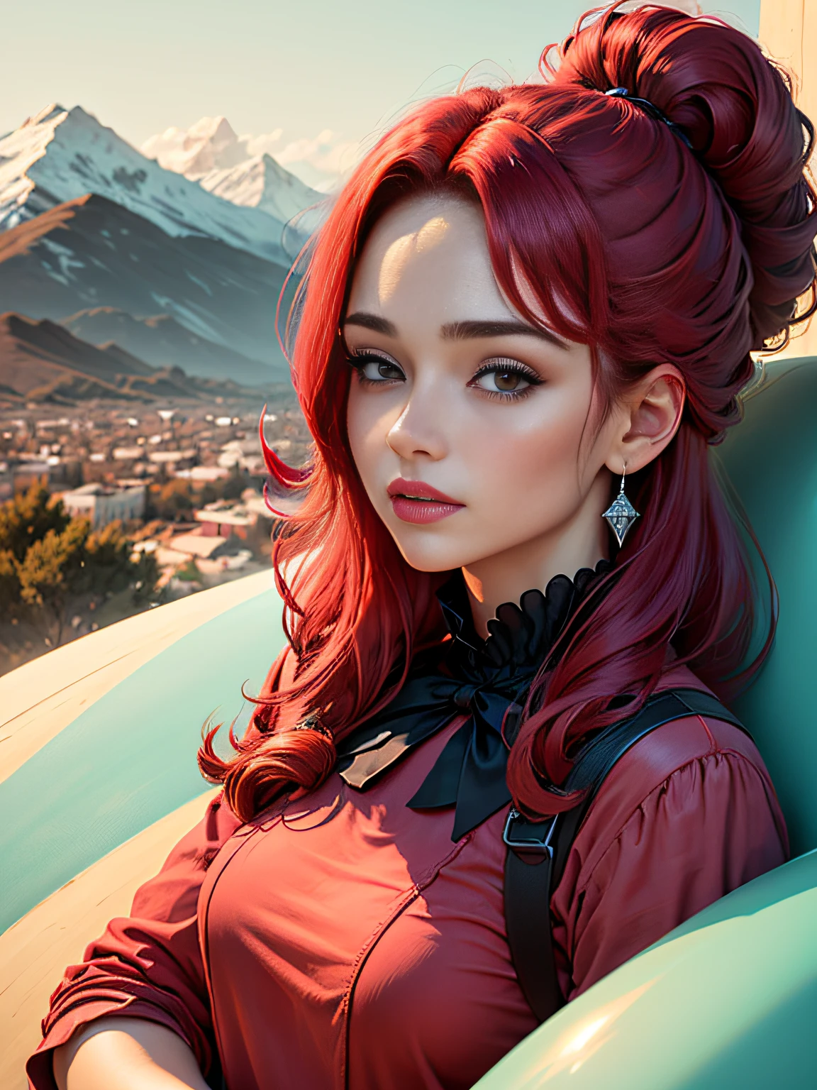 (uma linda rosa vermelha:1.5),beautiful hyper-realistic painting,lindamente detalhado, high resolution, with soft lighting,infundido com tons macios e delicados, fundo desfocado, Outline of mountains, light blue sky. --auto