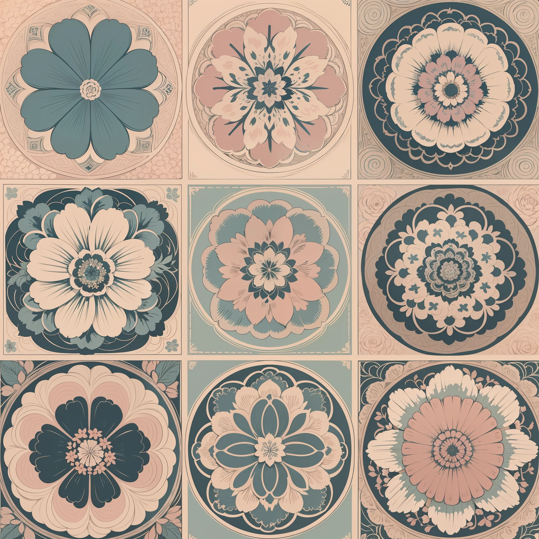 Set pattern of large flowers with plants, defined shape, flat style, vector style, drawing style, naïve style, wallpaper style, in soft pastel colors such as old pink, pastel blue, light blue, beige, pastel violet, pastel yellow and white. No shadows in the images.