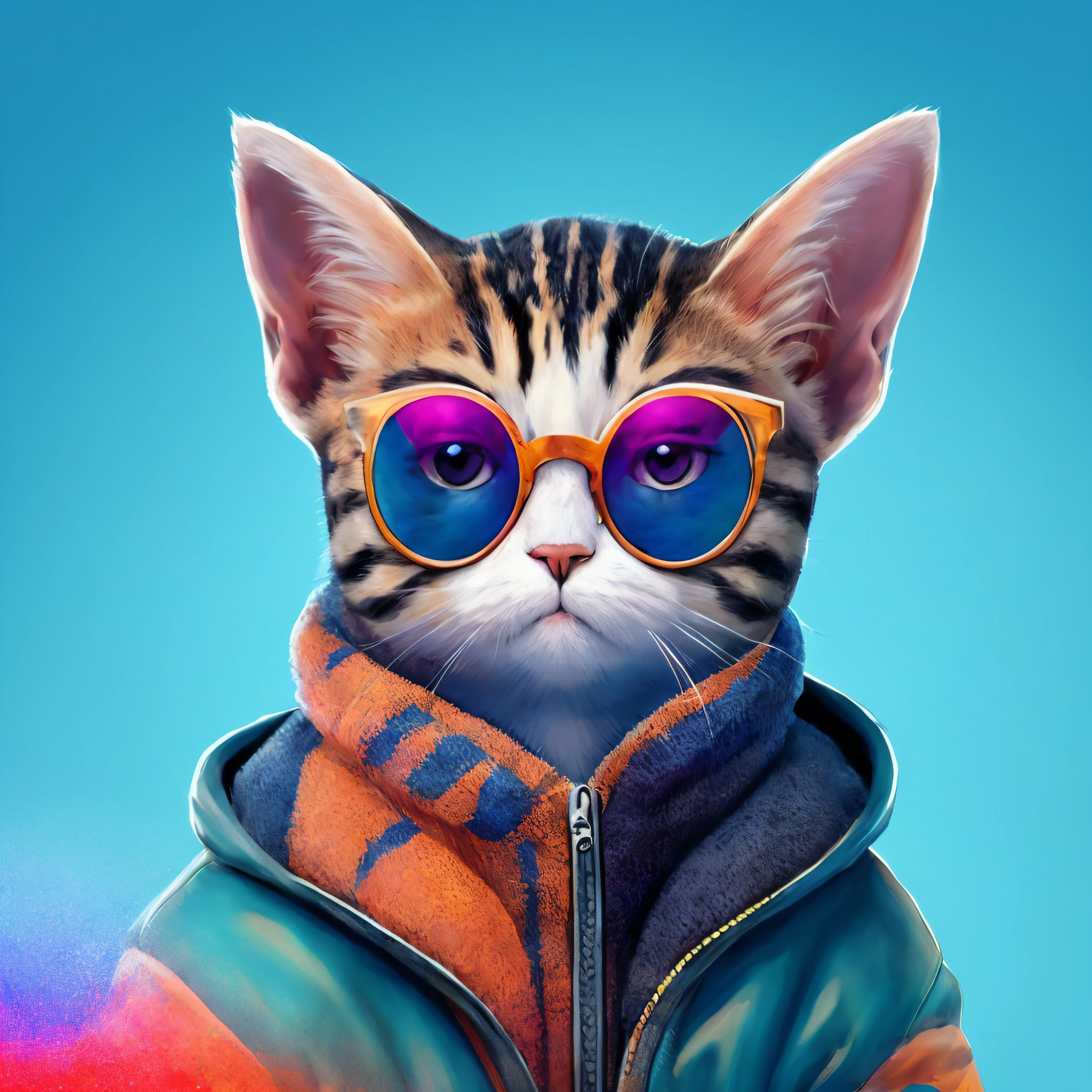 there is a cat wearing sunglasses and a jacket, Gato. pintura digital, in illustration style digital, arte digital detalhada bonito, painting digital adorable, gato cyberpunk, olhando heckin legal e elegante, hyperrealistic illustration, artista peludo, anthropomorphic cat, arte digital peluda, ultra realistic illustration, stunning digital illustration, arte digital bonito, Retrato de personagem peludo