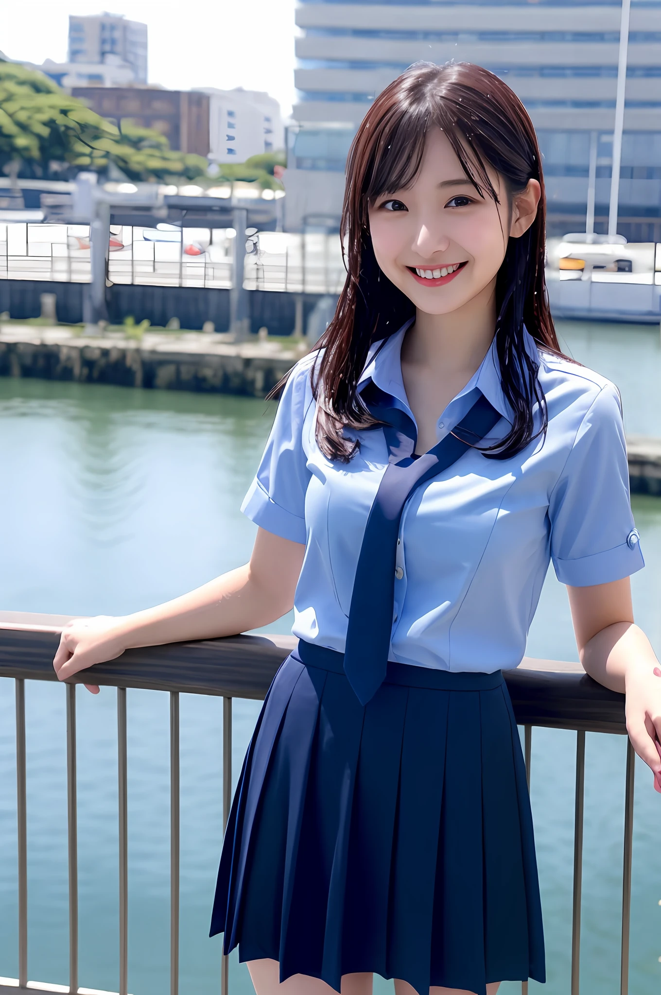 modest breasts, navy blue tie, navy blue skirt, light blue shirt, gravure idol, waterside, wet, smile