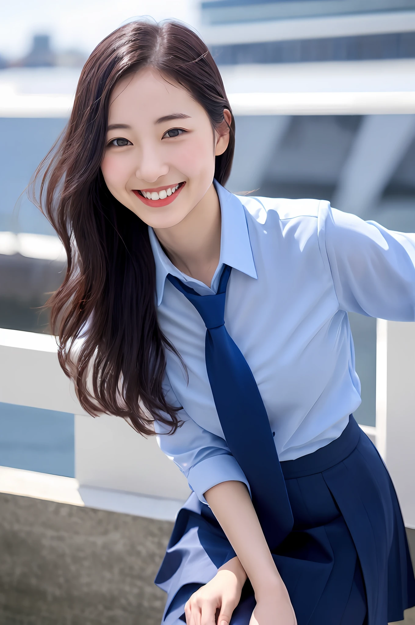 modest breasts, navy blue tie, navy blue skirt, light blue shirt, gravure idol, waterside, wet, smile