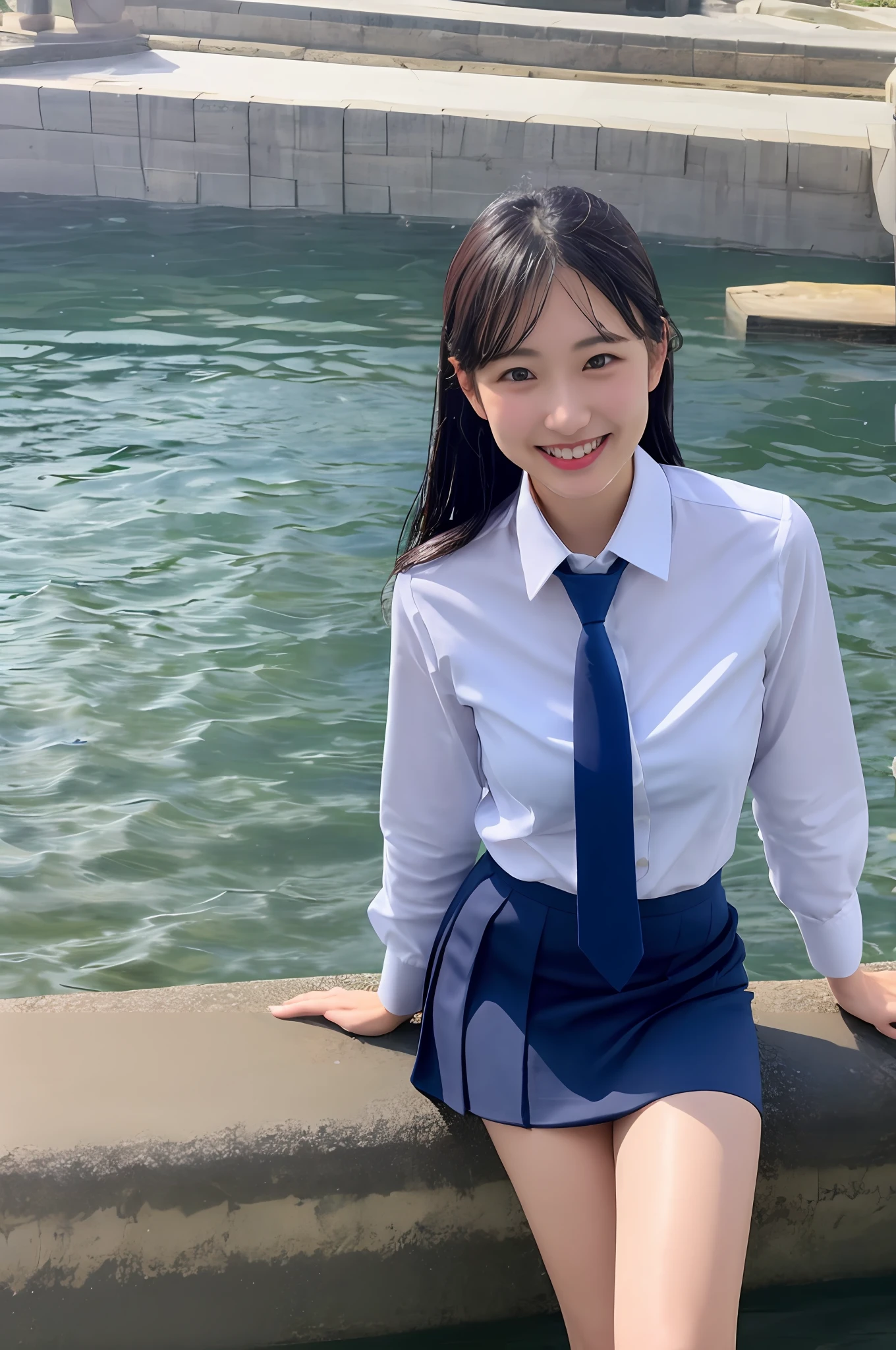 modest breasts, navy blue tie, navy blue skirt, light blue shirt, gravure idol, waterside, wet, smile