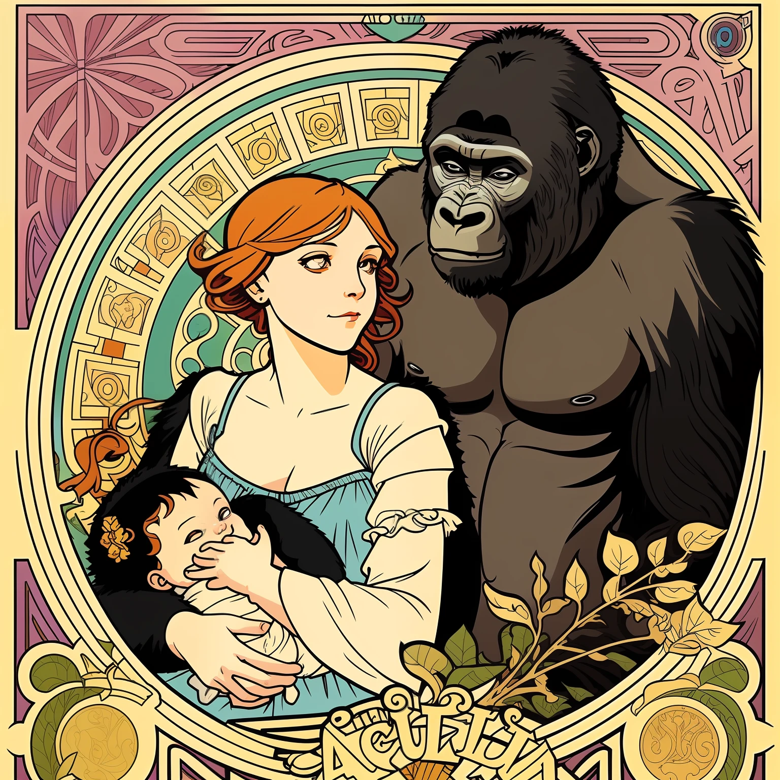 (Gorilla and baby gorilla poster)、Modern Art Nouveau、Alphonse Mucha、Alphonse Mucha style、Raphael and Alphonse Mucha、Art New、ginger。Art Nouveau、Artem Demurat Alphonse Mucha、Art Nouveau、Mucha Art Nouveau、Art Nouveau masterpieces --auto