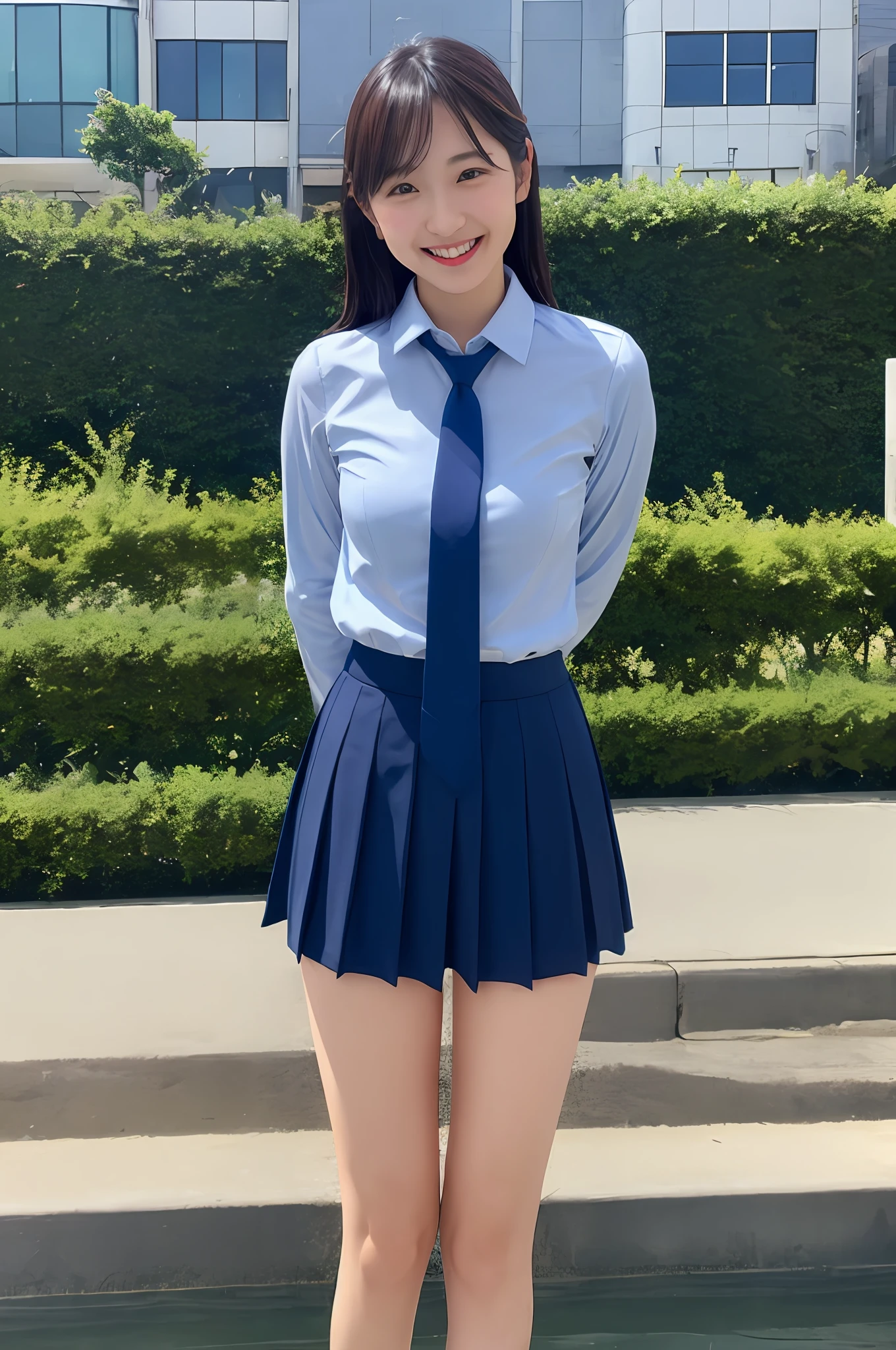 modest breasts, navy blue tie, navy blue skirt, light blue shirt, gravure idol, waterside, wet, smile