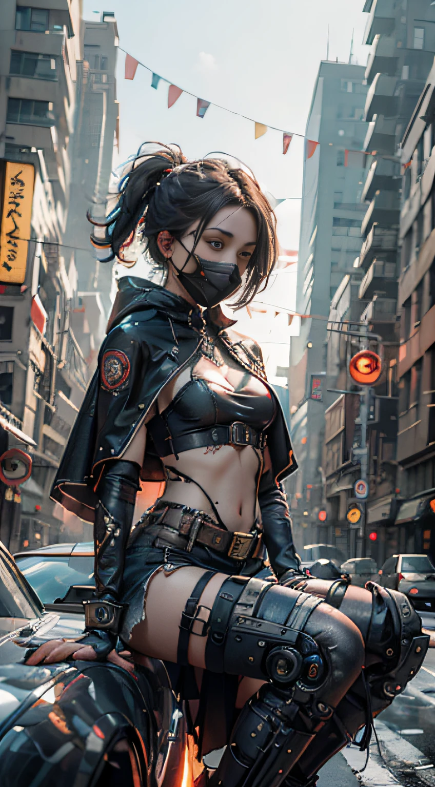 A girl, wearing a black-red glowing techpunkmask with yellow eyes shining, dressed , with a futuristic pistol hanging from the left and right of her waist, a mechanical prosthesis in her right hand, a red torn cloak swaying in the wind, next to a small aerial vehicle with a complex structure, night, a ruined cyberpunk city in the apocalypse, girl sitting on this big neon billboard, lifelike, best picture quality, highest definition and clarity, original, surreal, high detail, futuristic, Action painting, chiaroscuro, cinematic lighting, ray tracing, reflected light, denim lens, f/4.0