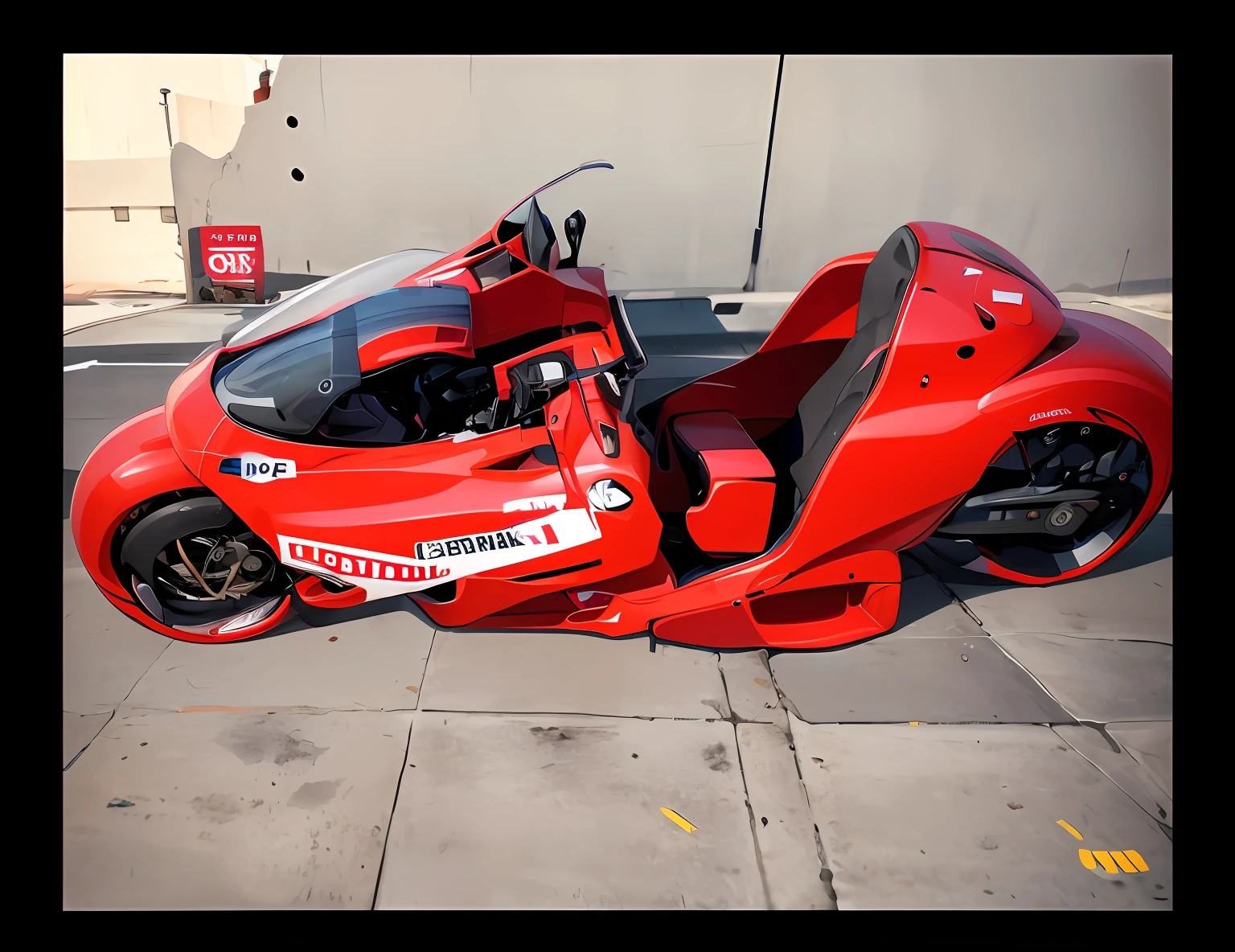 There is a red futuristic motorcycle with a seat and a seat, Akira Moto, Motocicleta de Akira, Akira Moto, Estilo de Akira Motion Movie, 19xx :2 Akira Estilo de filme : 8, Akira estilo de filme, motocicleta futurista, Otomo, estilo akira, F11:6, F11:10, Akira Estilo de Arte,foto realista, ultra detalhista,full hd,4d,cenario pista, Iluminaçao Studio