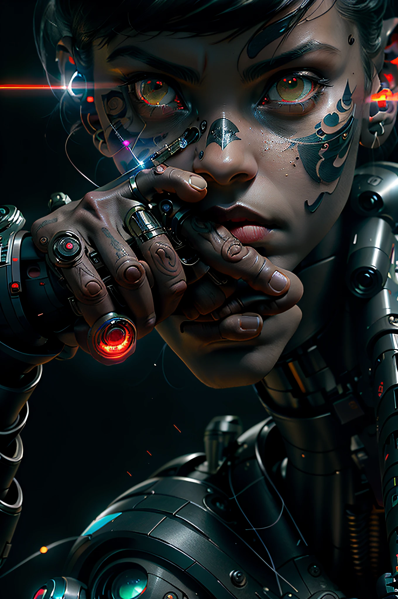 (highly detailed:1.2),(best quality:1.2),8k,sharp focus,(subsurface scattering:1.1),(nsfw:1.1), (award winning photograph:1.2),1girl, (many many detailed black tattoos on face:1.2), by emb-rrf-low,(many many thick black dark tattoos on body nose and eyes:1.2),(close shot:1.2), (separation of face segments:1.1), (deep seams on face and body:1.2)
(beautiful cyborg with scifi laser gun:1.3), (shooting lasers at enemy robots:1.3), (dynamic action pose:1.2),  neon glow under the skin
(very detailed clothes:1.2), (highly detailed background:1.3), RPG, Elden Ring, (scifi:1.2), (hyperrealistic:1.2), dramatic lighting,artstation, artgerm, greg rutkowski, alphonse mucha, trending on artstation, trending on deviantart, wlop