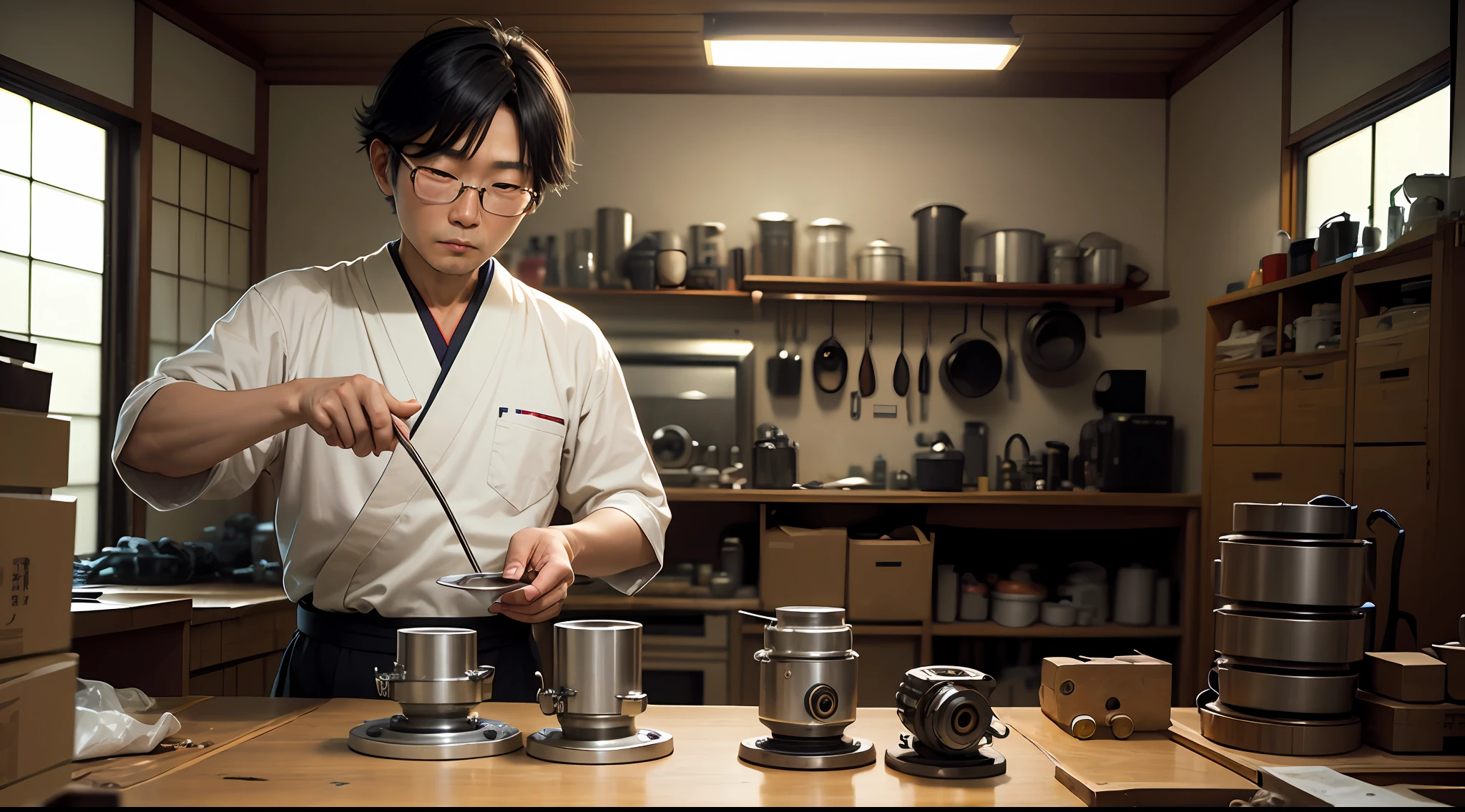 Japanese man making car pistons --auto