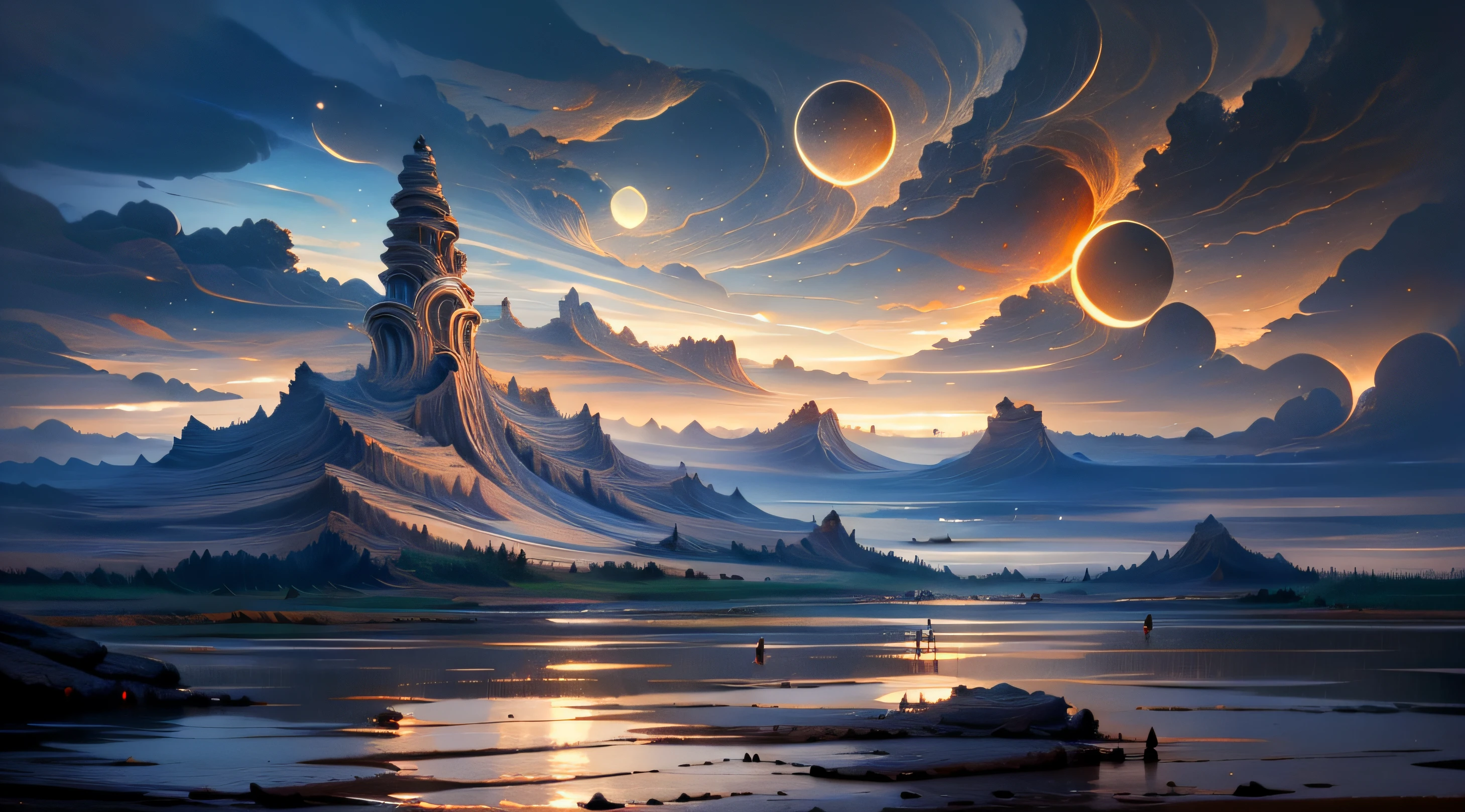 mountains and a lake with a moon in the sky, 4k highly detailed digital art, 4 k hd wallpaper very detailed, impressive fantasy landscape, sci-fi fantasy desktop wallpaper, unreal engine 4k wallpaper, 4k detailed digital art, sci-fi fantasy wallpaper, epic dreamlike fantasy landscape, 4k hd matte digital painting, 8k stunning artwork