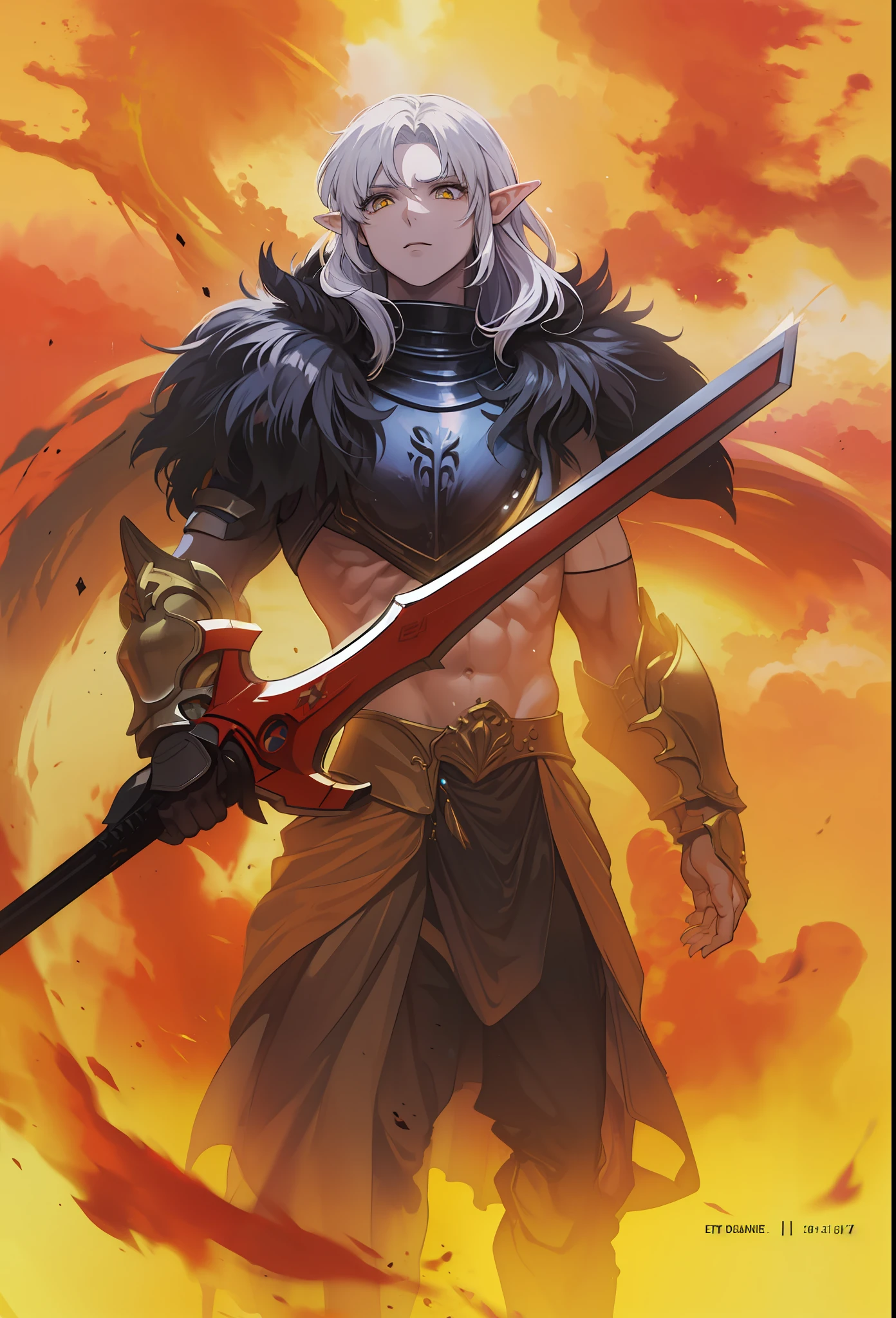 Masculino, pele morena,elf, olhos amarelo,4k,no meio do fogo, Dark kingth armor Full body, Dark fantasy, segurando uma espada,tons de calor