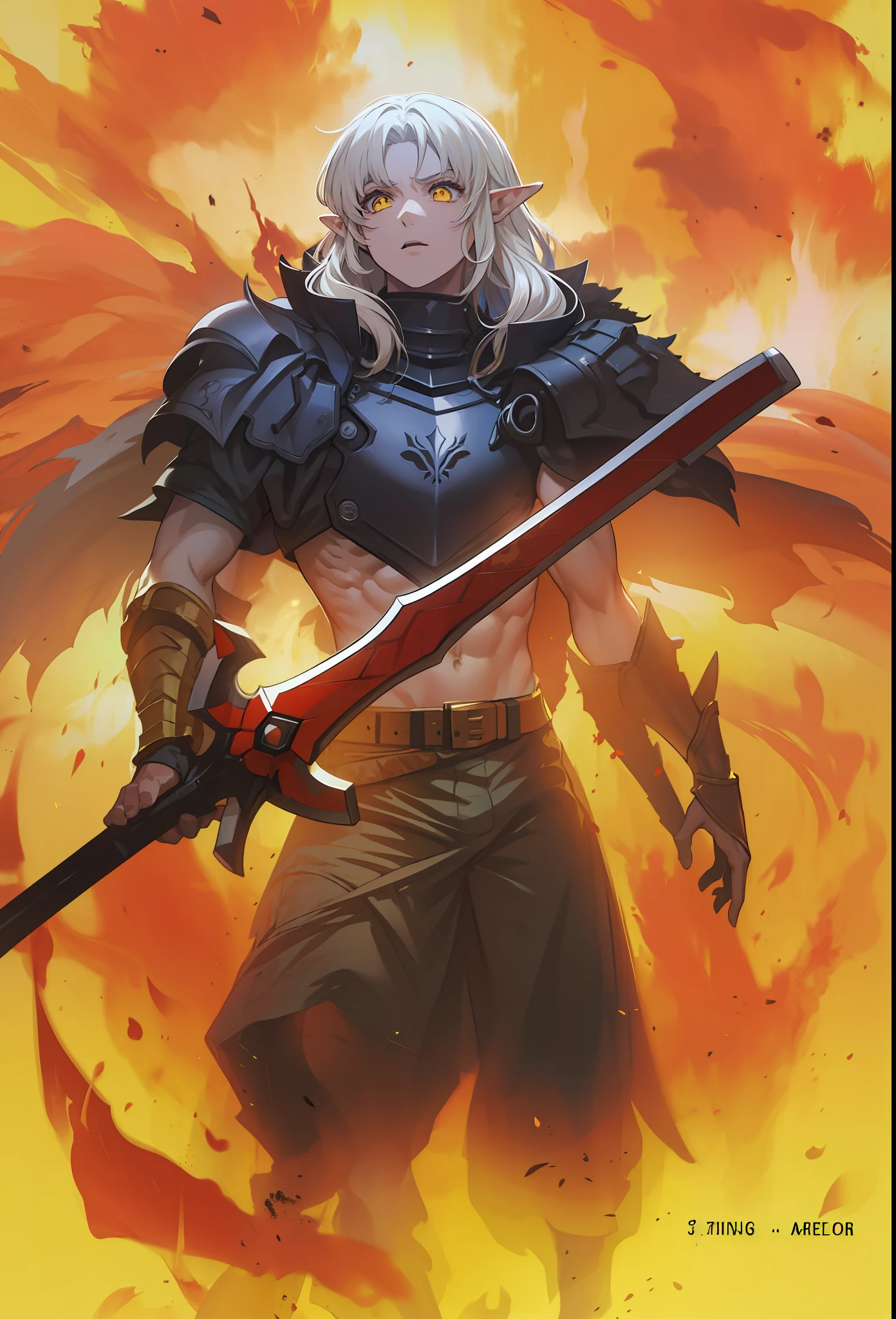 Masculino, pele morena,elf, olhos amarelo,4k,no meio do fogo, Dark kingth armor Full body, Dark fantasy, segurando uma espada,tons de calor