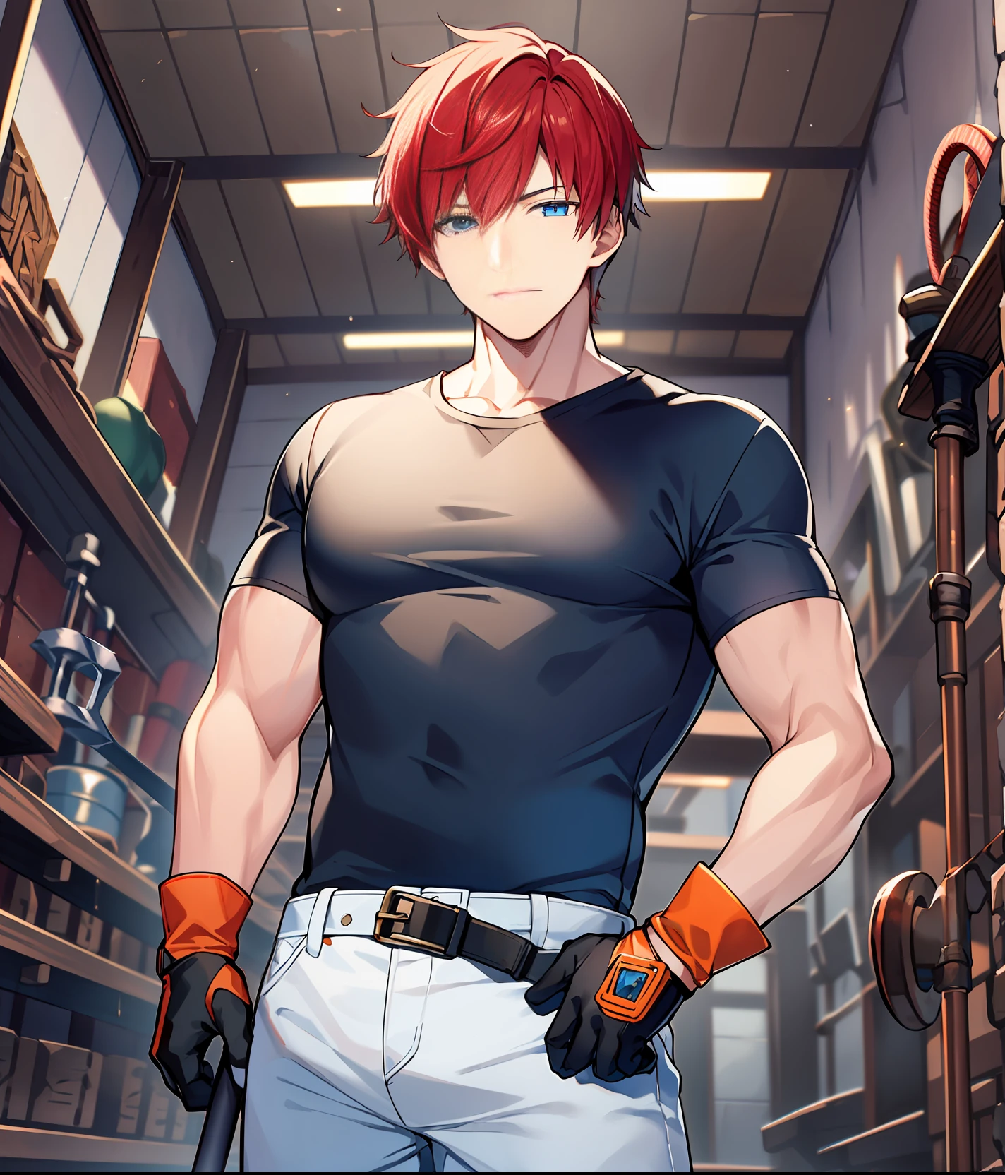 Young man, slight smile, friendly look, red hair, short hair, dark blue eyes, white skin, detailed. Black work gloves, blue pants, black belt, orange shirt. Accessory, blacksmith hammer, big hammer. Scenery, nice room.