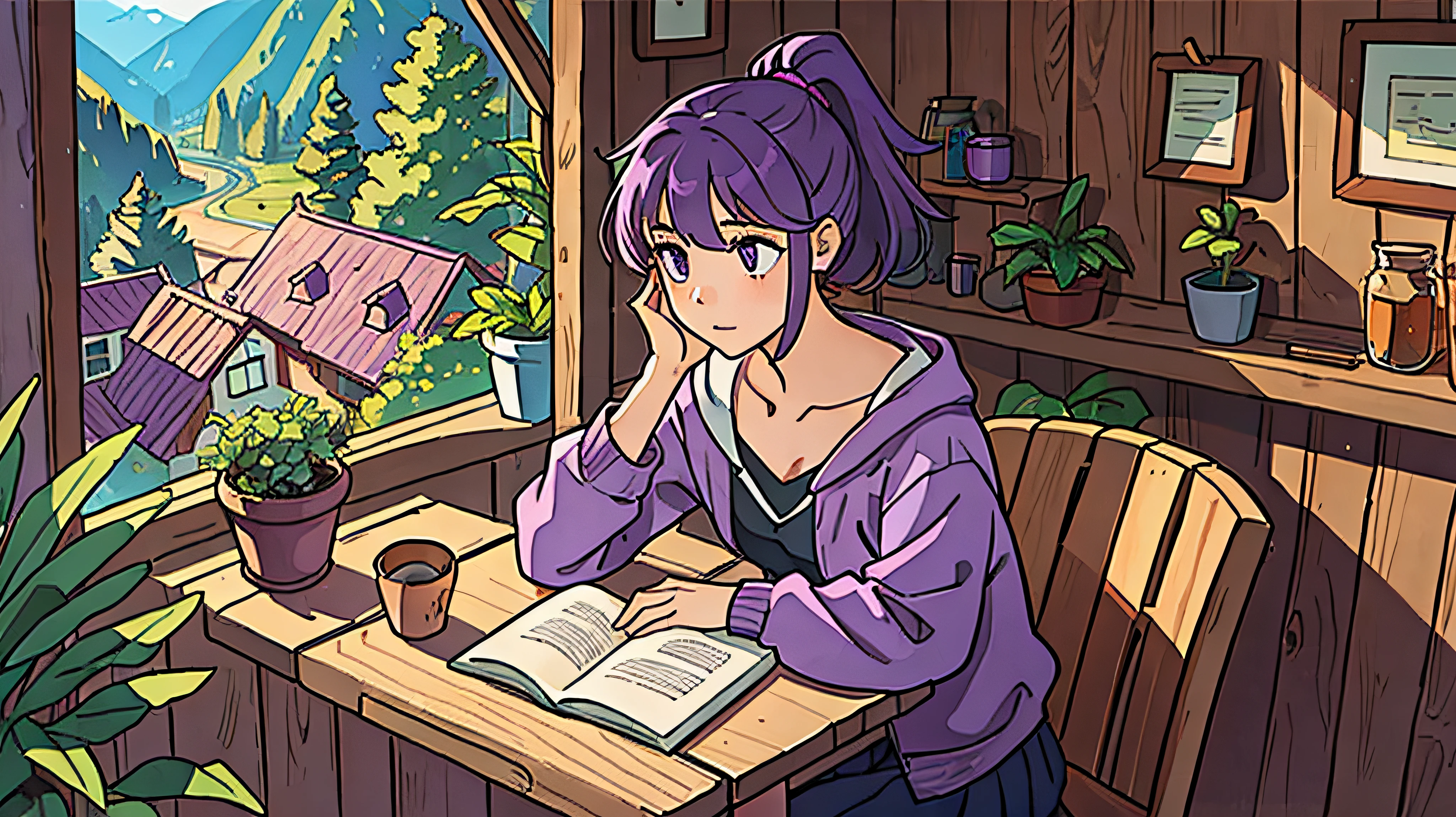 ((Melhor qualidade, 8k)), 1girl, Anime girl sitting at a table with a cup of coffee, anime. Soft lighting