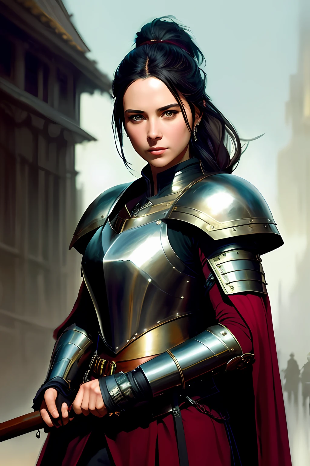 Human female, wearing light iron armor, red inner lining, long black ponytail, brown pupils, white cloak, holding an iron shield and a war hammer, confident modelshoot style expression, (very detailed CG uniform 8k wallpaper) , Full Body Photographs of the Most Beautiful Artwork in the World, Medieval Armor, Ed Blinkey, Atey Ghailan, Studio Ghibli's Professionally Magnificent Paintings, Jeremy Mann, Greg Manchess, Antonio Moro, Trending on ArtStation, Trending on CGSociety Trends, Intricate, High Detail, Sharp focus, dramatic, photorealistic drawing art, by midjourney and greg rutkowski