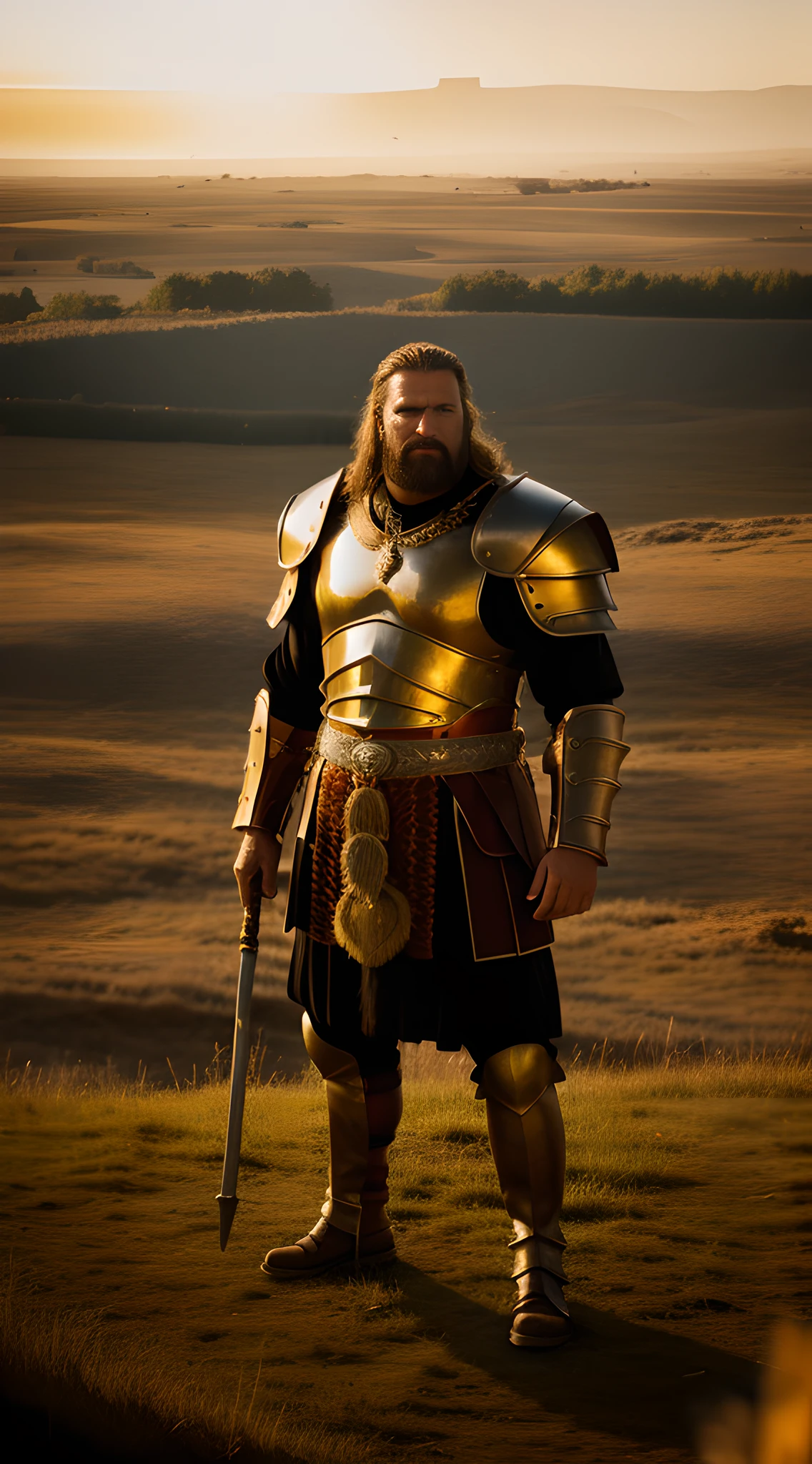{A battle-hardened and towering barbarian King of the Germanic tribes, in his imposing 5th-century war-torn battle armor, standing resolute on a desolate Roman battlefield. He surveys the land, intensity burning in his eyes}, Digital Photograph, Naturalistic, None, Super Telephoto Lens, Long Shot, {Lighting: Golden Hour lighting (1.2), Resolution: 8K, Render: HDR}.