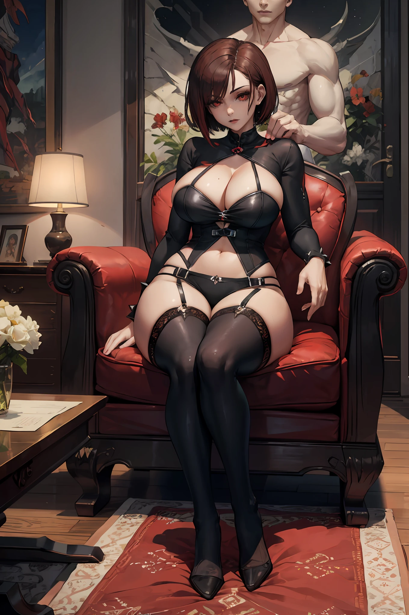 masterpiece, best quality, finely detailed, 1girl, (brown hair), (brunette), (really short hair), (pixie cut), (hair down), (pale ivory skin), cute, (red eyes), (eyelashes), (huge breasts), (cleavage), (black bdsm top:1.2), (red highlights in hair), sitting down in chair, ((legs open)) bdsm, spikey accessories, night, dark interior design, ((large breasts:1)), vampire, gothic, fantasy, ((full body)), ((curvy)), dark, eerie, evil, edgy, holding sword
